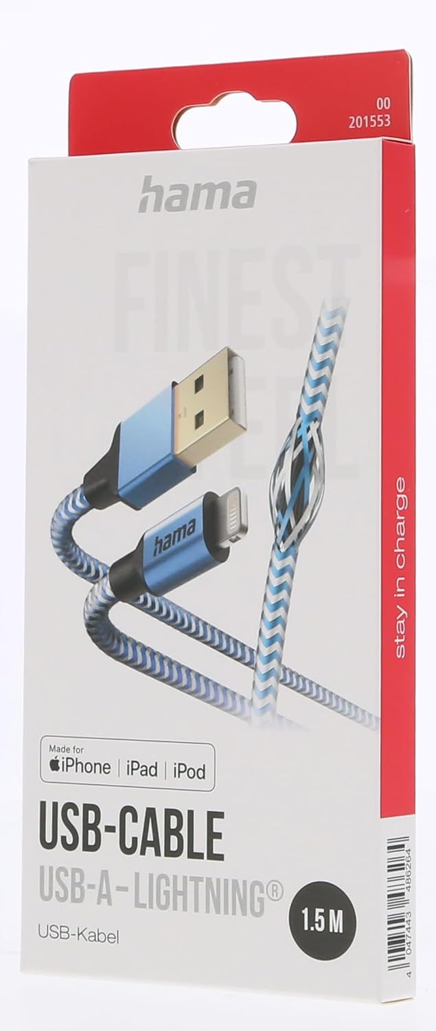 Detalle de Câble USB-A vers Lightning Hama certifié MFi (2,4A, 1,5 m) bleu réfléchissant