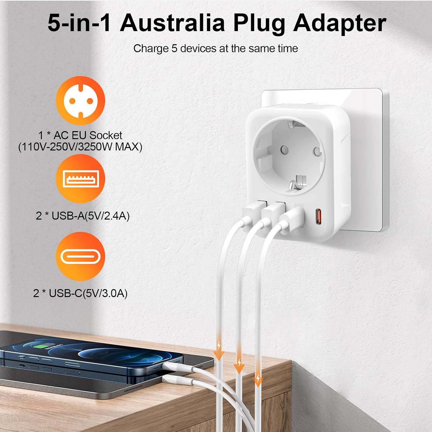 Thumbnail 2 de Reiseadapter Australien 5-in-1 (Typ I) mit 2× USB-C, 2× USB-A und AC für EU-Stecker