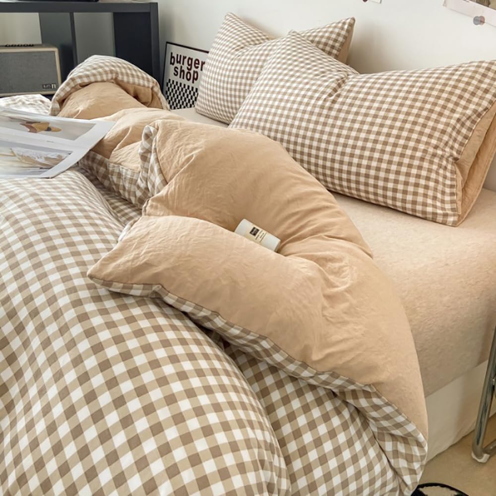 Thumbnail 3 de Covebett Housse de Couette 220x240 – Carreaux Vichy Beige et Marron, Microfibre, 2 Taies 65x65
