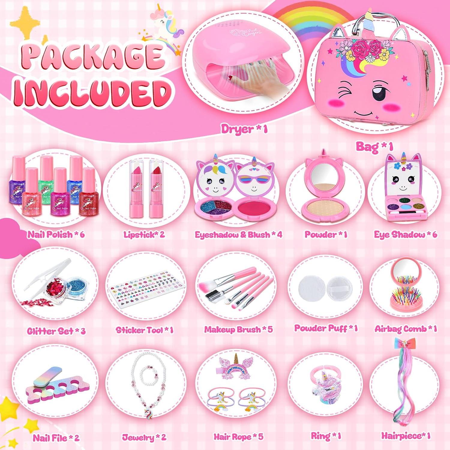 Detalle de PERRYHOME Kids Makeup Kit for Girl: 2-in-1 Princess Set with Washable, Non-Toxic Cosmetics