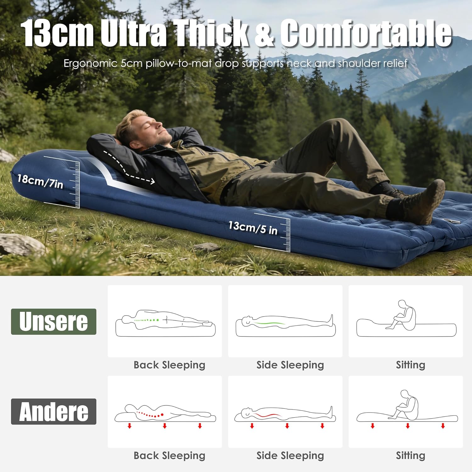 Thumbnail 2 de ROPODA Double Inflatable Camping Mattress: Ultralight 2-Person Sleeping Pad with Built-in Pillow