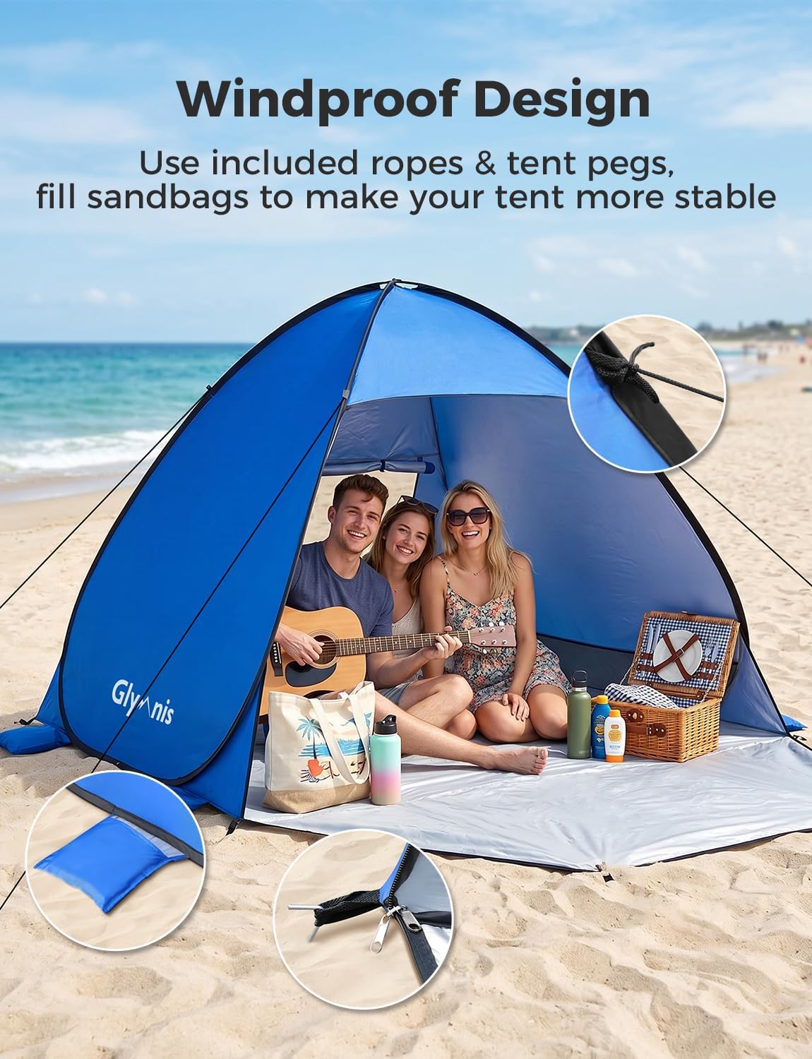 Thumbnail 5 de Glymnis Strandmuschel Pop Up Strandzelt – UV-Schutz 50+ und Windschutz, Blau, 185×140×115 cm