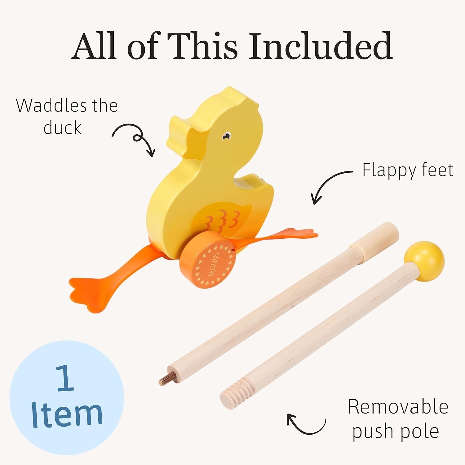Detalle de Jaques of London Waddles the Duck Wooden Push Along Toy (12 months+) for first steps