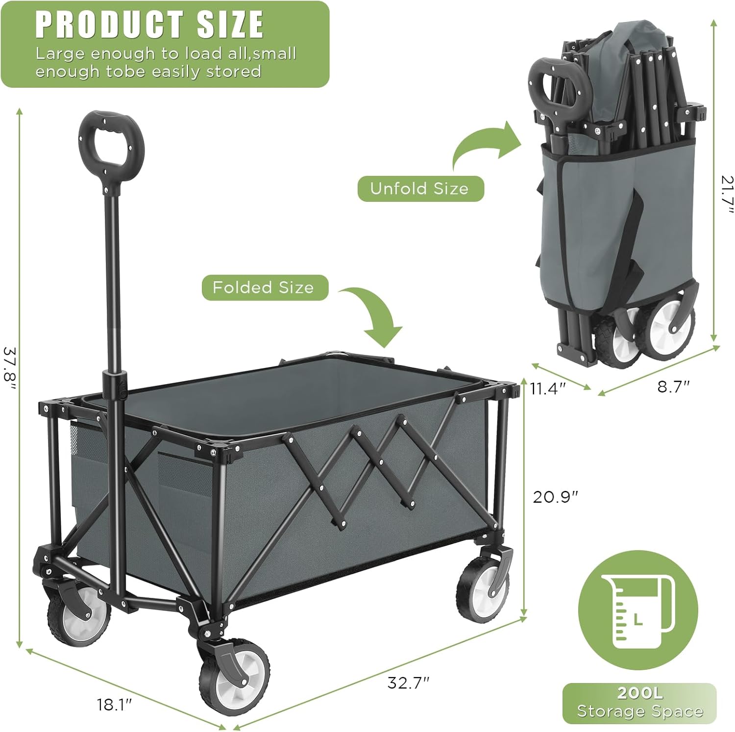Thumbnail 1 de HOFTME Folding Trolley with Wheels (100L) – all-terrain folding wagon with adjustable handle and cover bag, grey