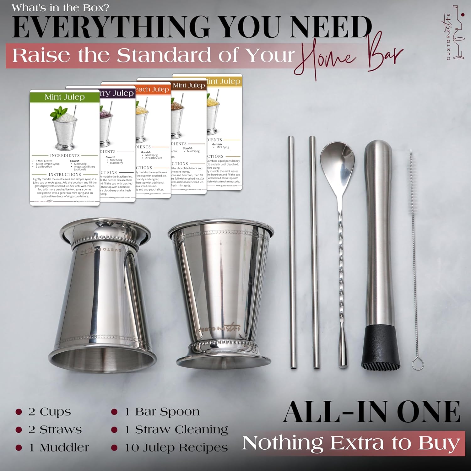 Thumbnail 1 de Gusto Nostro Mint Julep Cups Set of 2 – Stainless Steel Cocktail Cups with Straws, Muddler, Spoon, Recipes