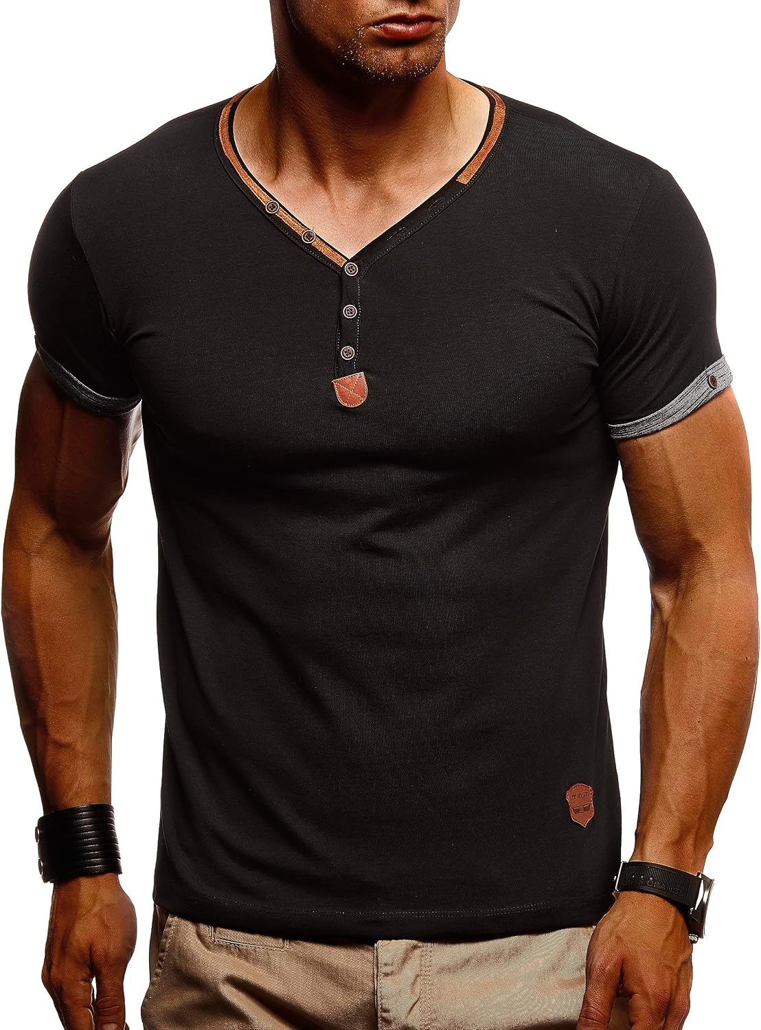 Detalle de Leif Nelson T-Shirt Uomo Estate Collo V – Maglietta Basic in Cotone, Taglio Regular Fit