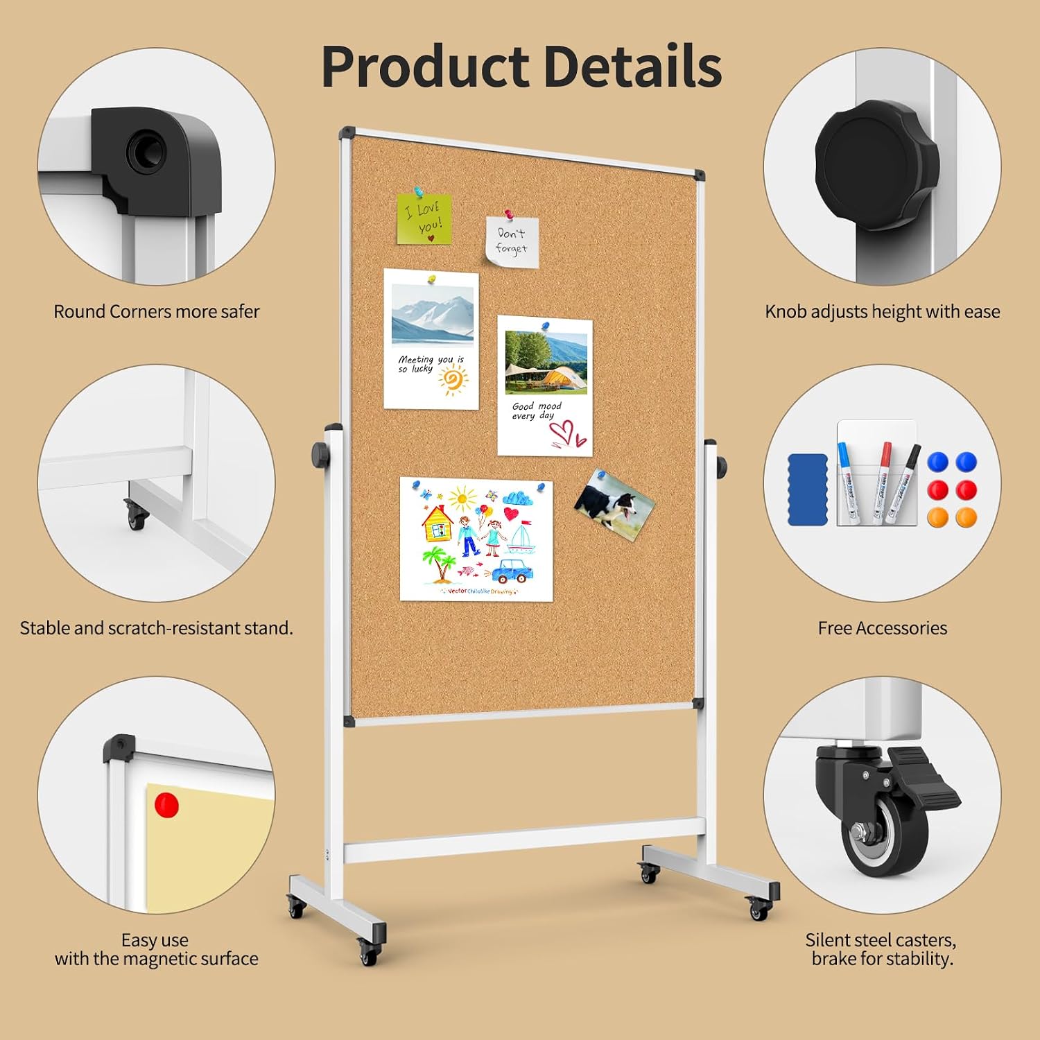 Detalle 2 de Rolling Whiteboard and Cork Board Combo, 32 x 48