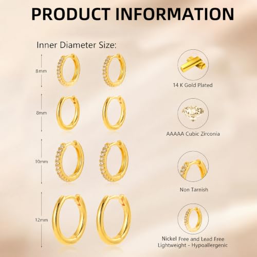 Thumbnail 1 de ATTILA 4 Pairs 14K Gold Plated Hoop Earrings for Women – 8/8/10/12 mm, 925 Silver Posts