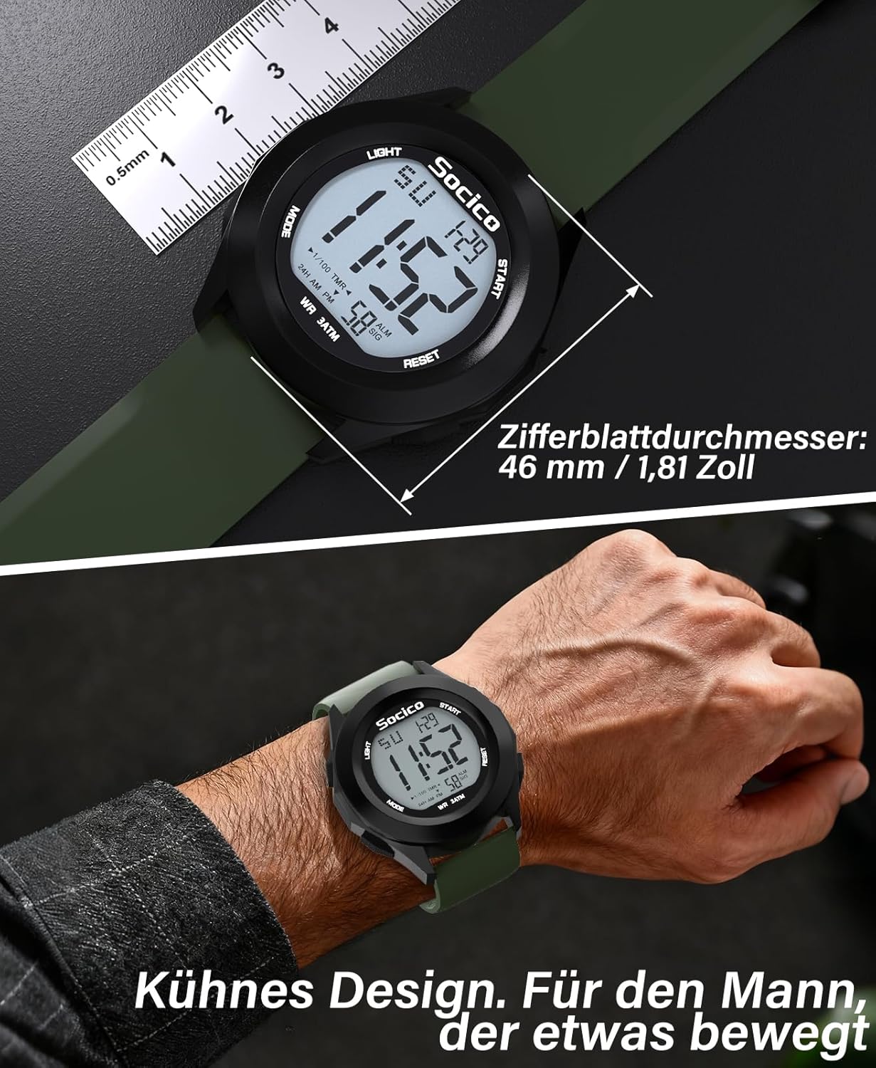 Thumbnail 1 de SOCICO Herren Digitaluhr Sport wasserdicht Outdoor mit Stoppuhr, Alarm und Datumsanzeige