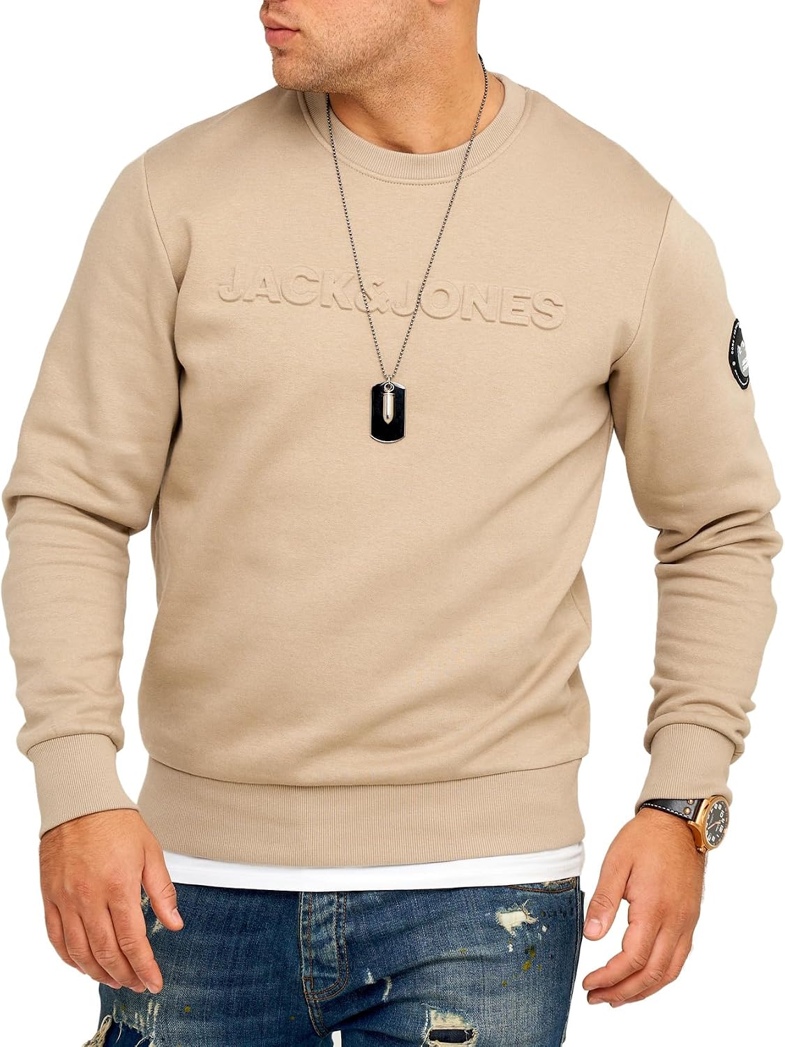 Detalle de JACK & JONES Infinity Herren Sweatshirt Austin Pullover – Rundhals, Logo auf der Brust, Baumwoll-Mischung