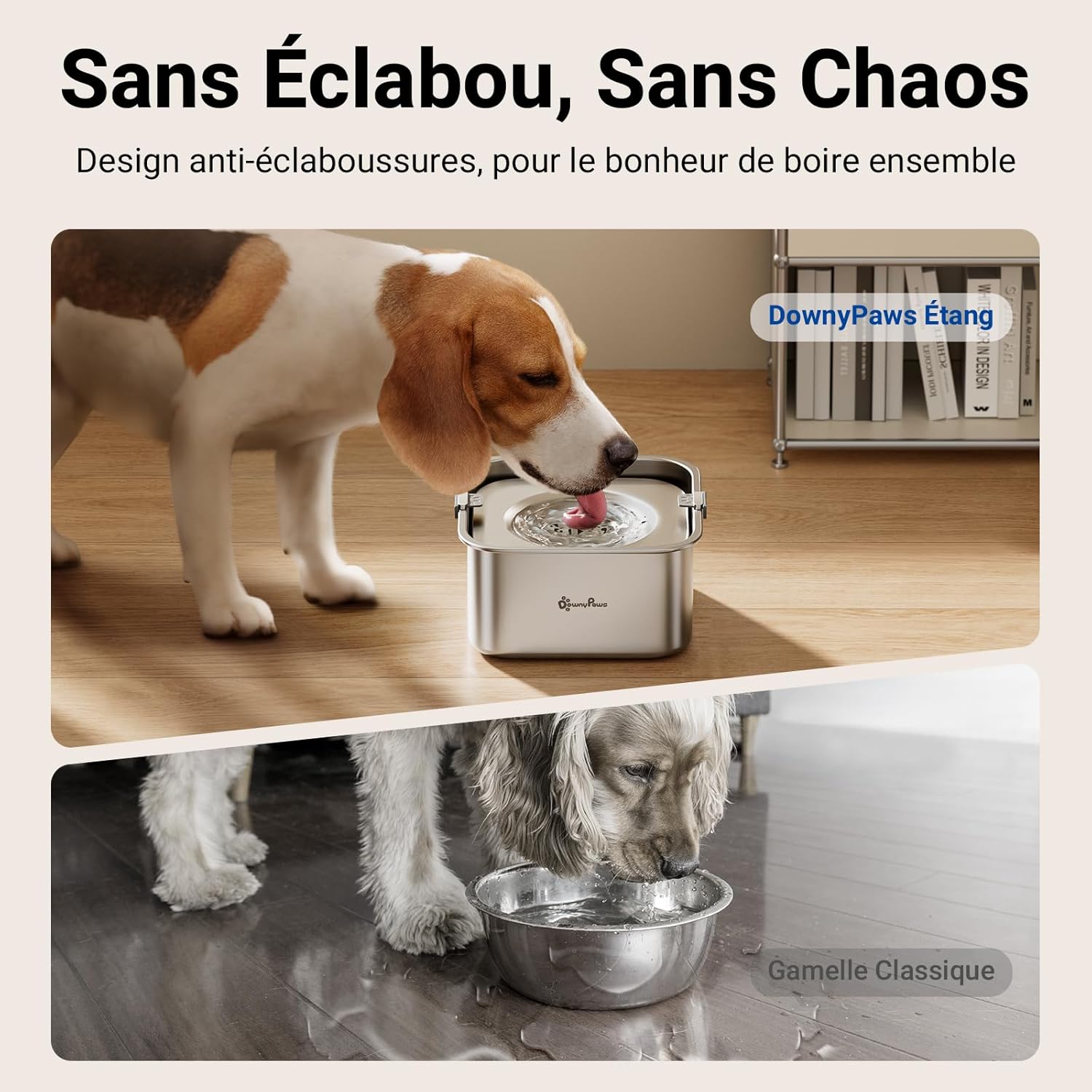 Detalle de DownyPaws Gamelle Anti-Éclaboussures pour Chien – 3L en Acier Inoxydable, antidérapante et hygiénique (Petits et moyens chiens, Argenté)