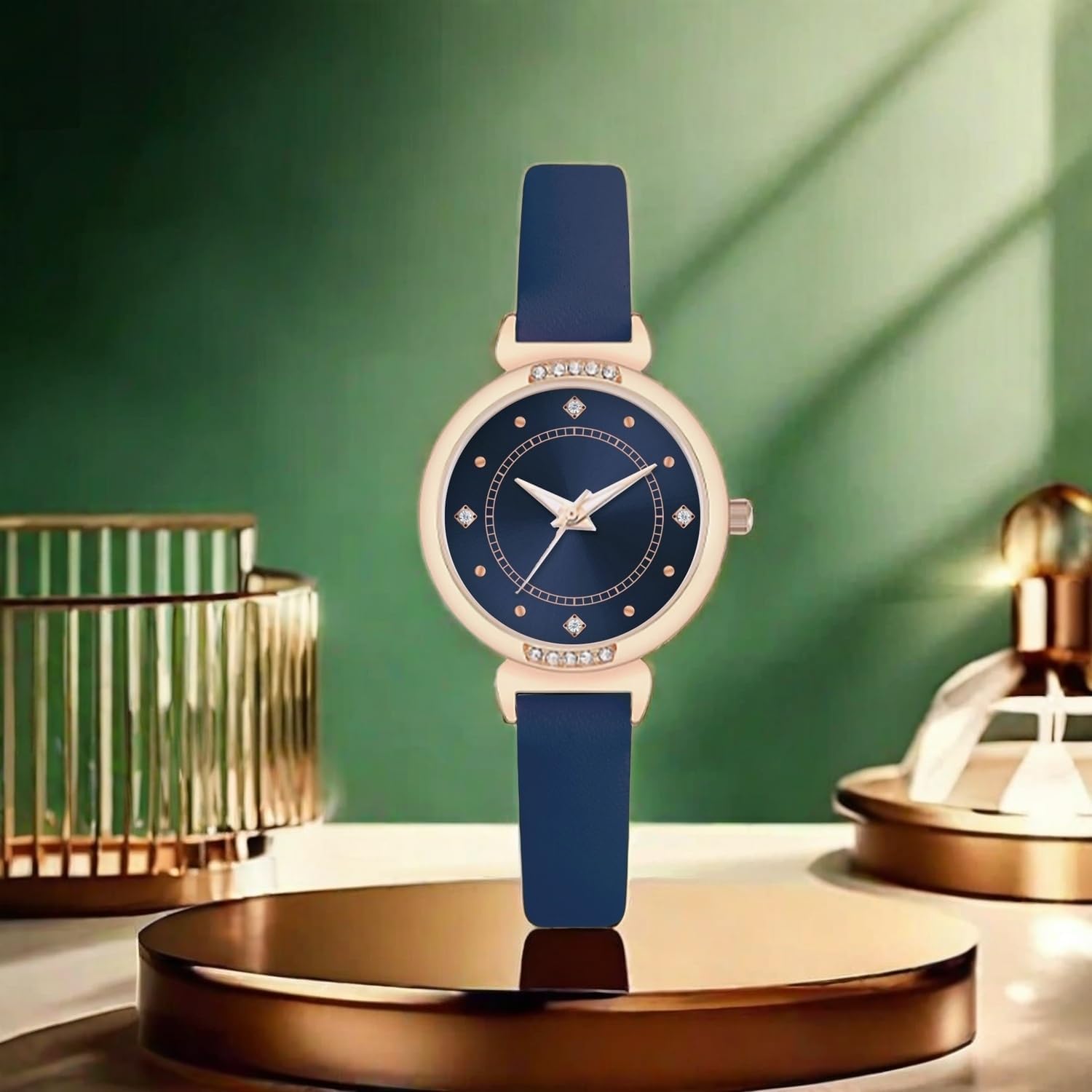 Detalle de NUOVO Women’s Leather Strap Watch with Blue Dial and Diamond Bezel