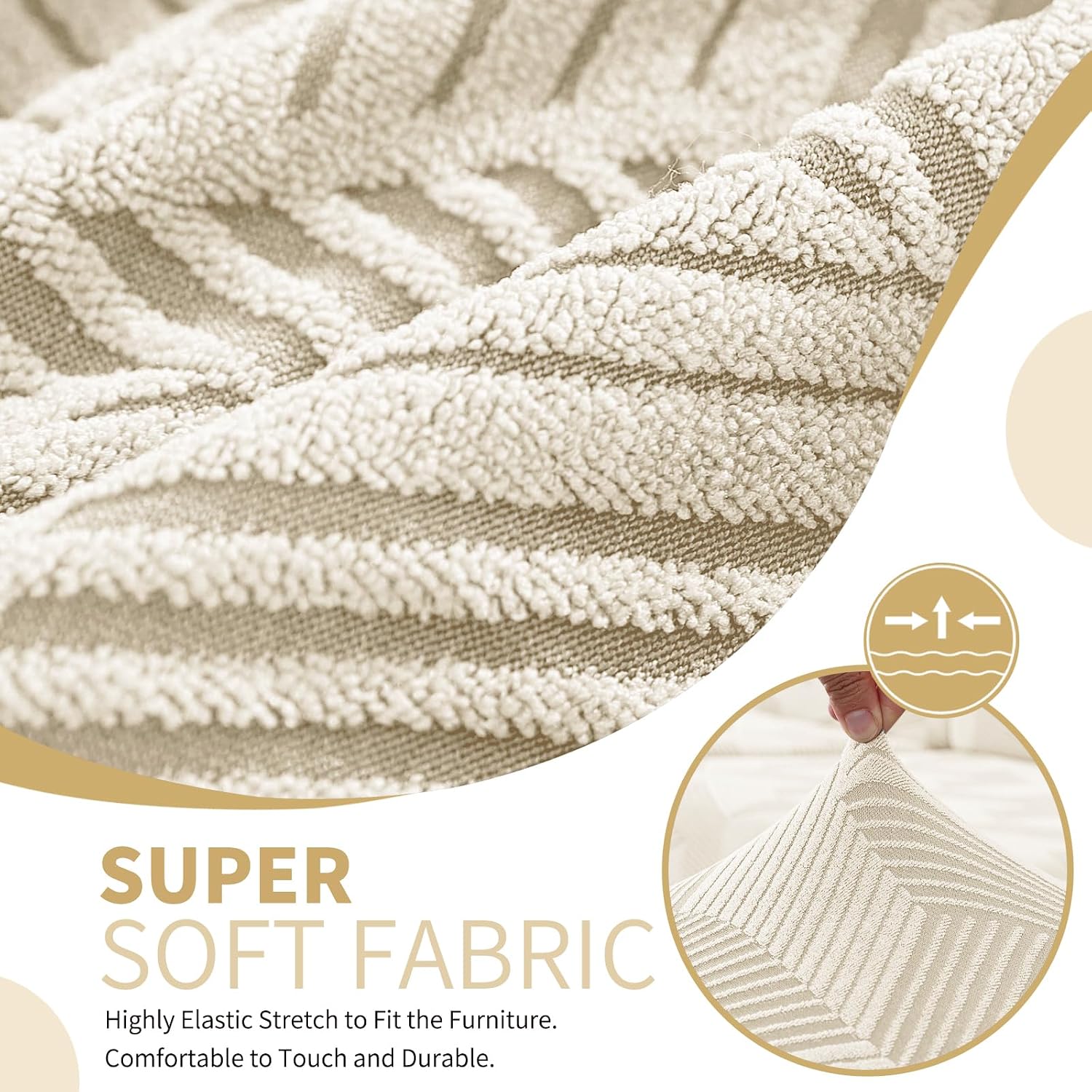 Detalle de JIVINER Beige Loveseat Cover, Stretch Geometric Jacquard with Elastic Bottom