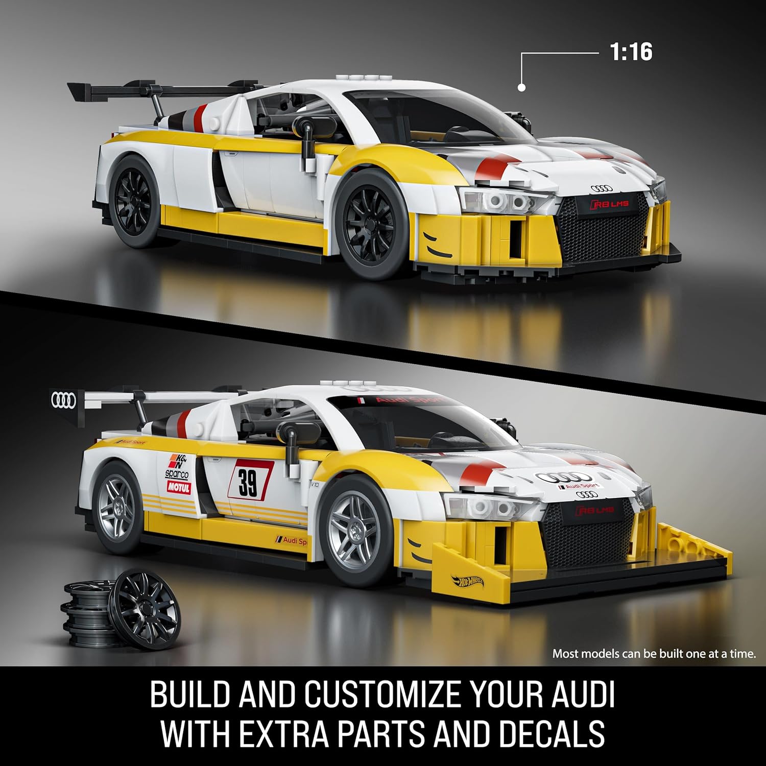Detalle de Mattel Brick Shop Hot Wheels Elite Series: 2015 Audi R8 LMS Buildano 1:16 with 820 Pieces