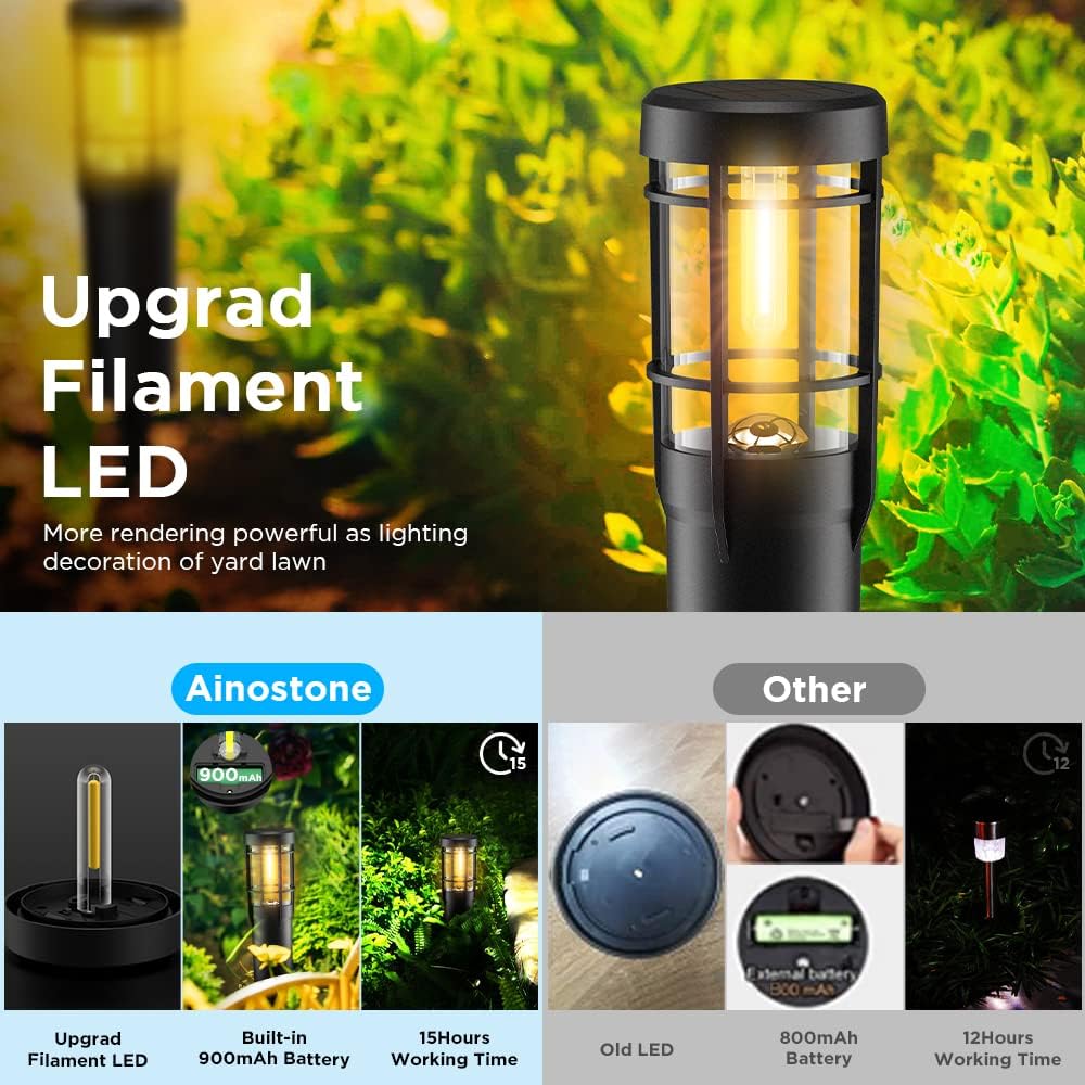 Detalle 2 de Ainostone Solarlampen 4er-Set mit 900 mAh Akku, warmweißen LEDs und Erdspieß (IP65, für Außen)