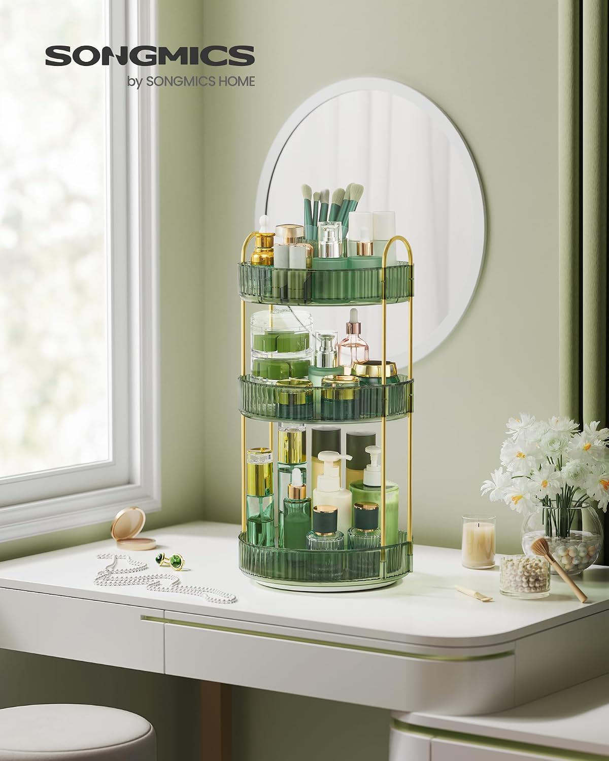 Detalle 2 de SONGMICS Make-up Organizer drehbar JKA011C01 mit 3 Ebenen (360°) – Kosmetik-Aufbewahrung für den Schminktisch in Hellgrün
