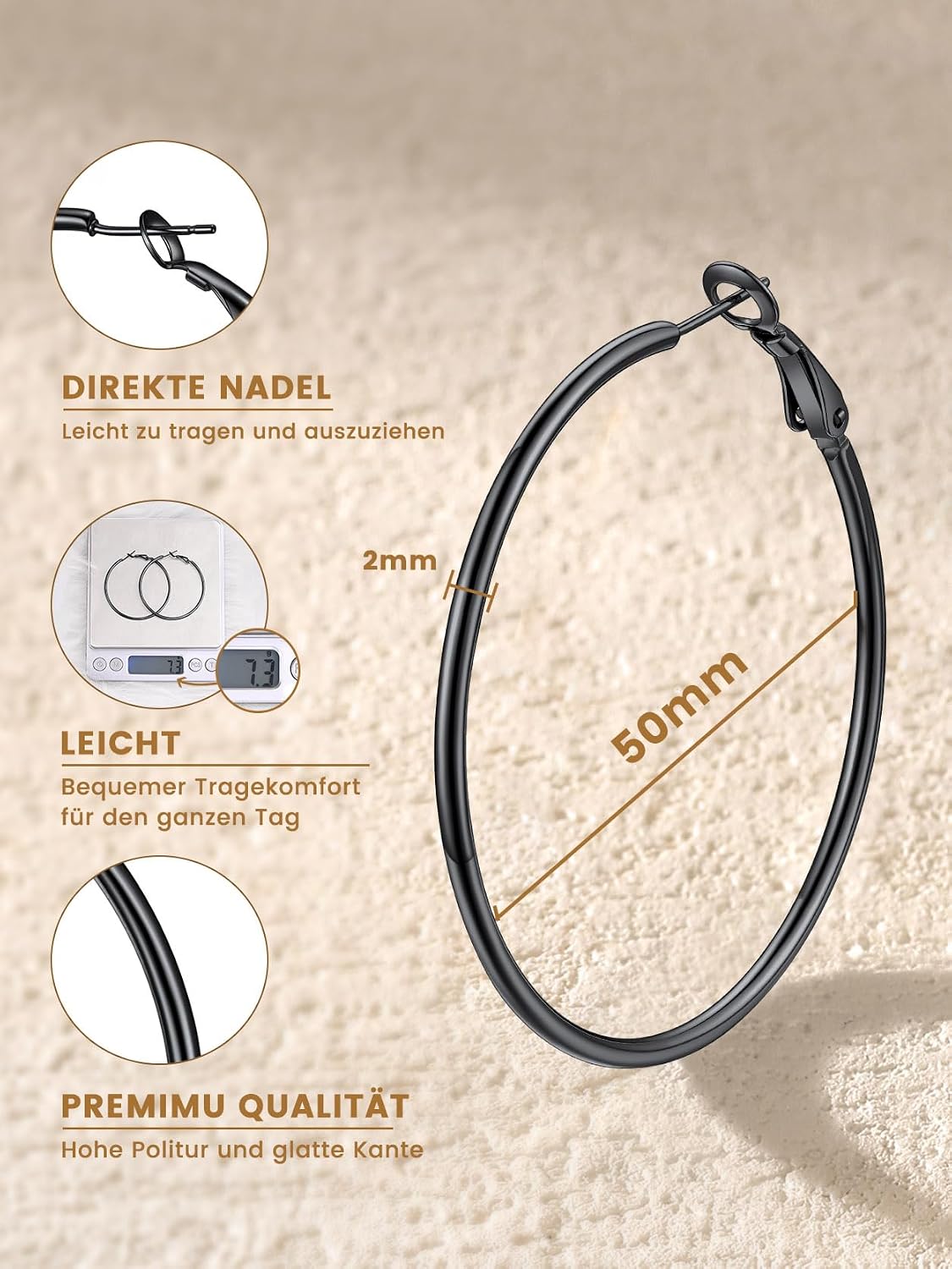 Detalle 2 de GoldChic Creolen Edelstahl Ohrringe – Runde Huggie 30–100 mm in Silber, Gold oder Schwarz