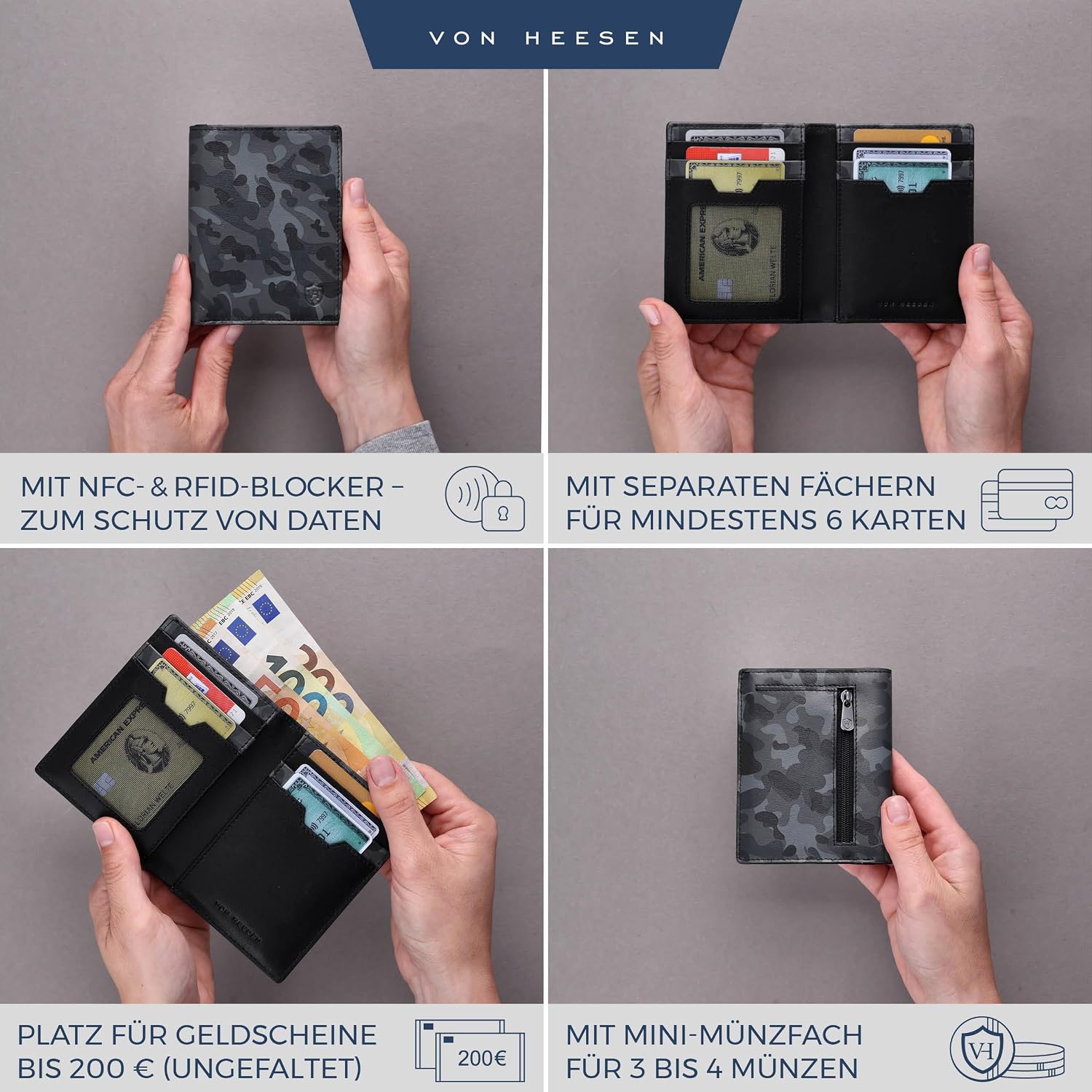 Thumbnail 1 de VON HEESEN Leder Geldbörse mit Münzfach und RFID-Schutz – Camouflage Grau