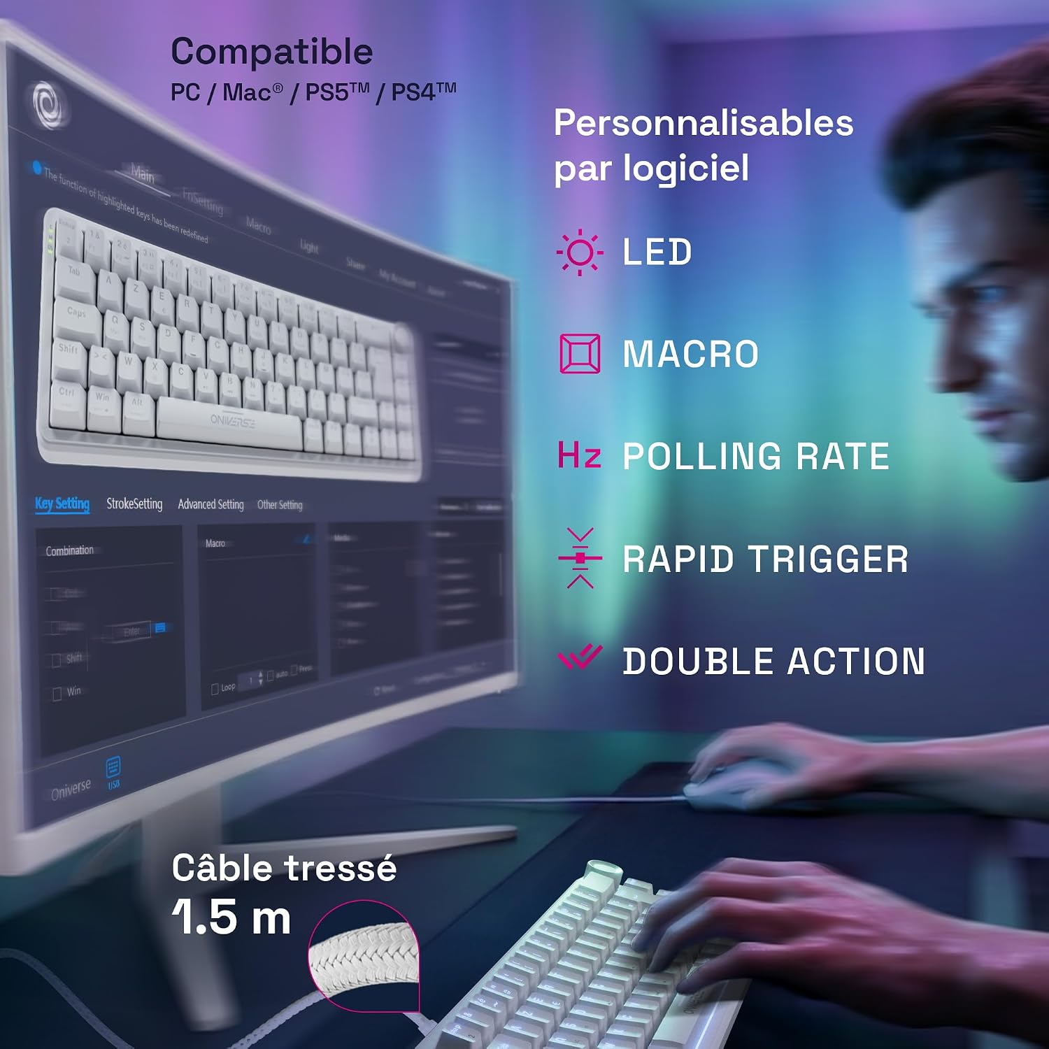 Detalle de Oniverse Maegnus – przewodowa klawiatura gamingowa 65%, Hall Effect, Rapid Trigger, AZERTY
