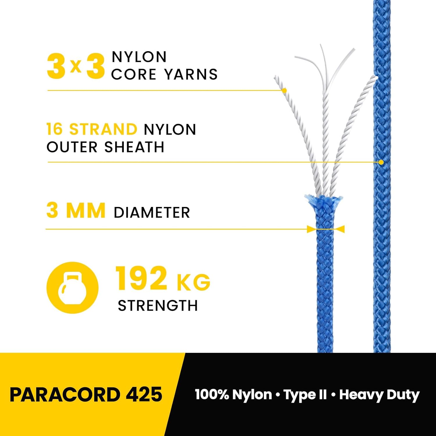 Detalle de Kamu Synber Paracord 3mm x 100m Paracord 425 – 192 kg Tragkraft, Dunkelblau