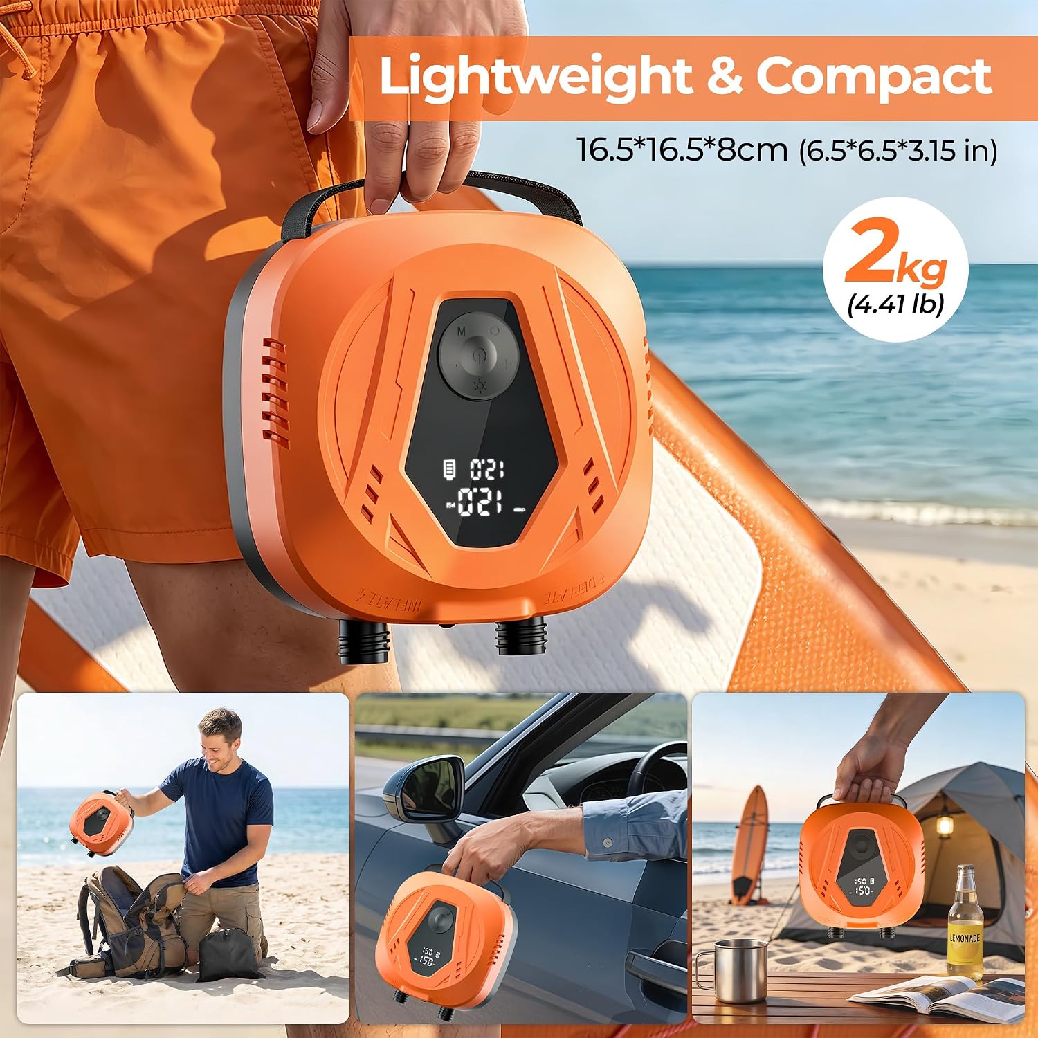 Detalle de SUP Electric Air Pump with 50 PSI, 15600 mAh Battery, Dual Stage Auto Stop – Portable Inflator for Paddle Boards and Other Inflatables