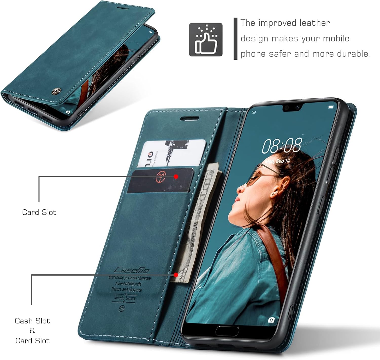 Thumbnail 1 de Cracedily Wallet Case for Huawei P20 Pro: Blue-Green Leather Flip with Card Holder
