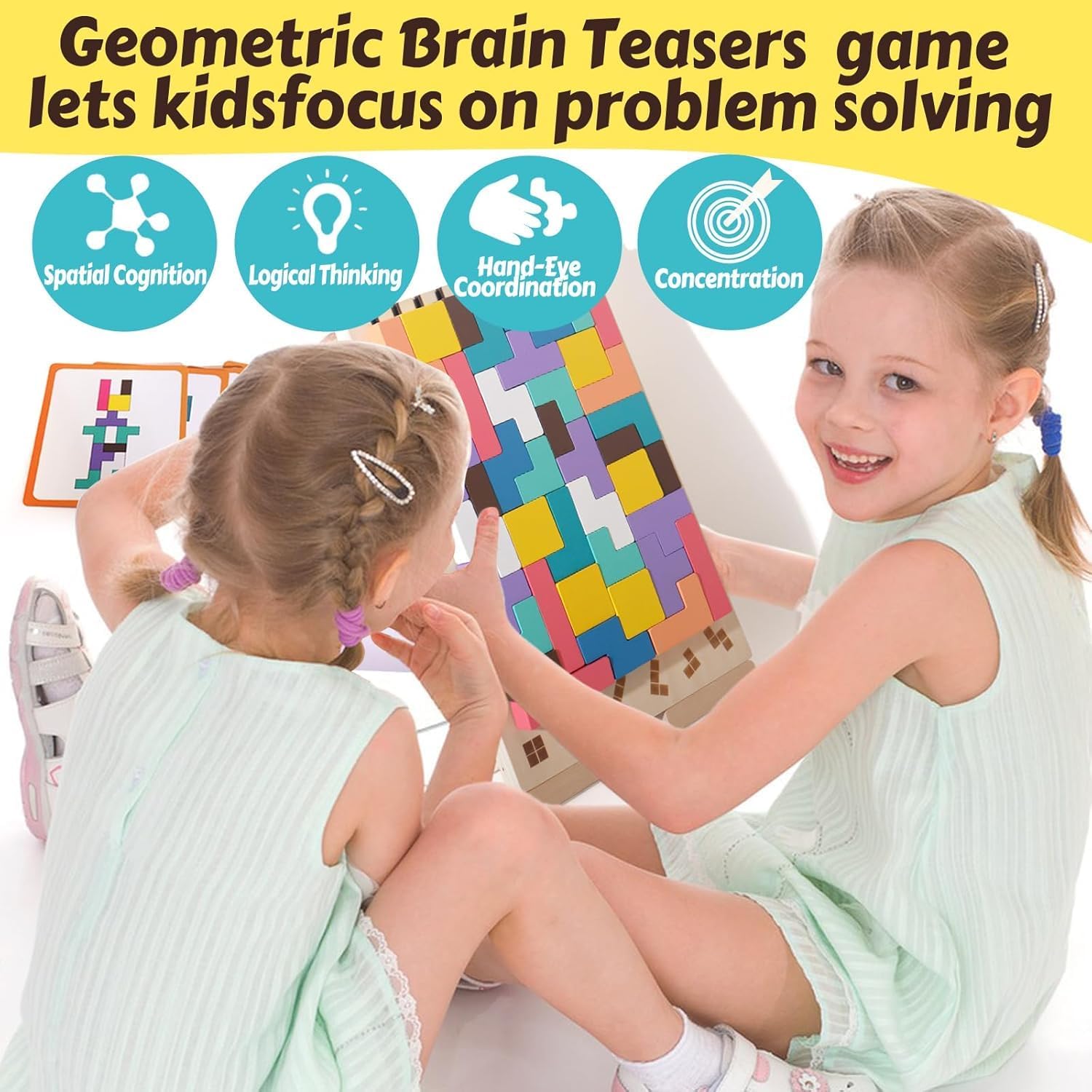 Detalle 2 de WISBOOK Wooden Colored 3D Russian Block Puzzle: Montessori Stacking & Brain Teasers for Ages 3–6