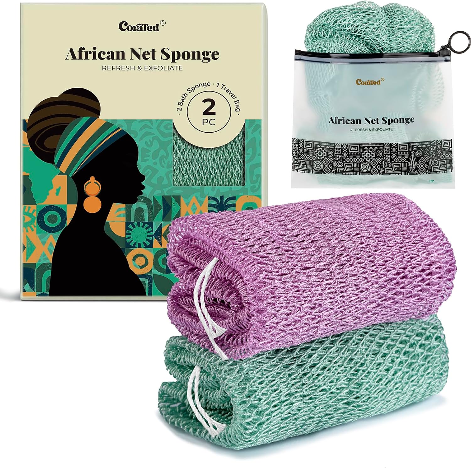 Detalle de CORATED 2er-Set Afrikanischer Netzschwamm – Peeling-Netzschwämme für Rücken- und Hautreinigung