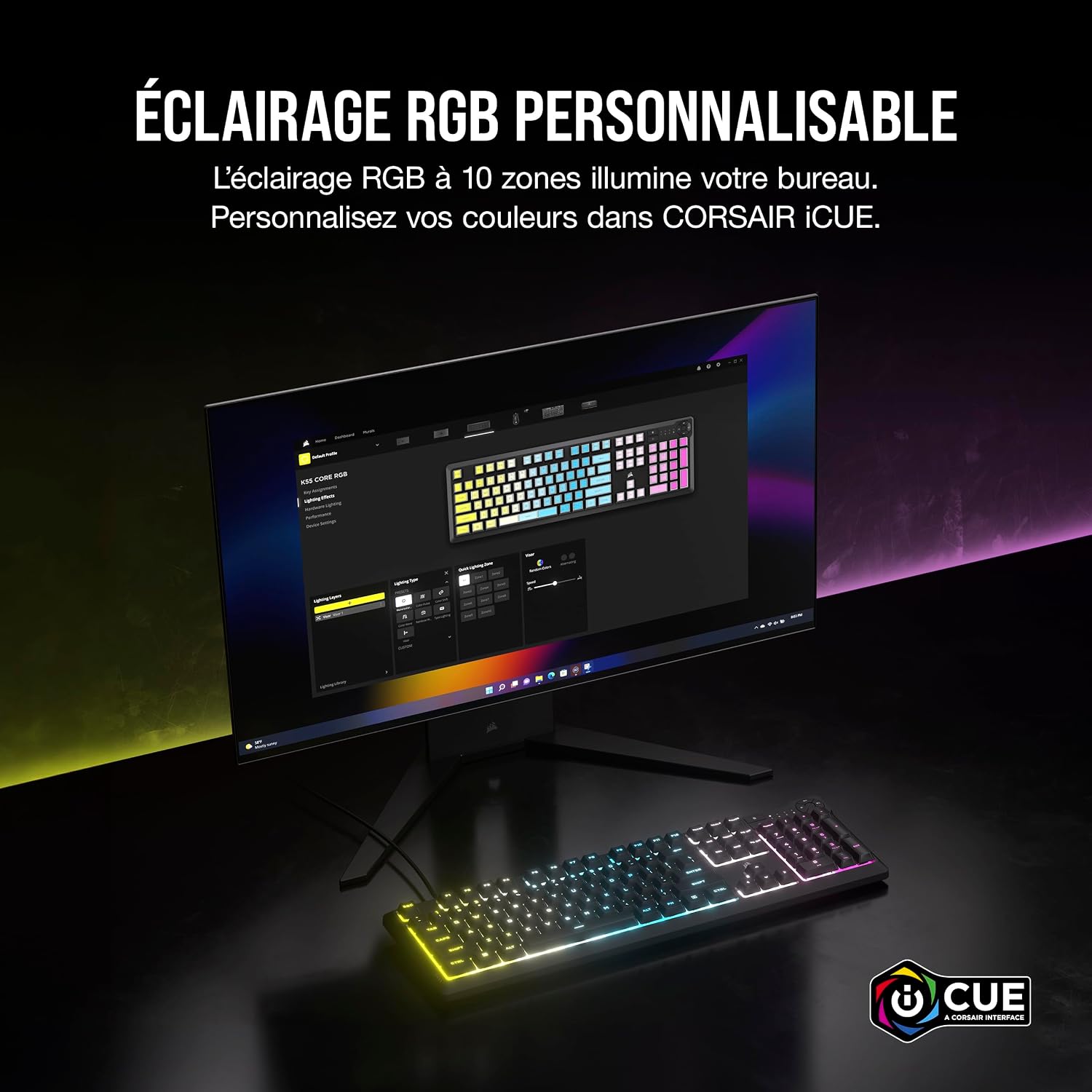 Detalle de Corsair K55 Core RGB Clavier de Jeu Filaire à Membrane (AZERTY FR) – Noir