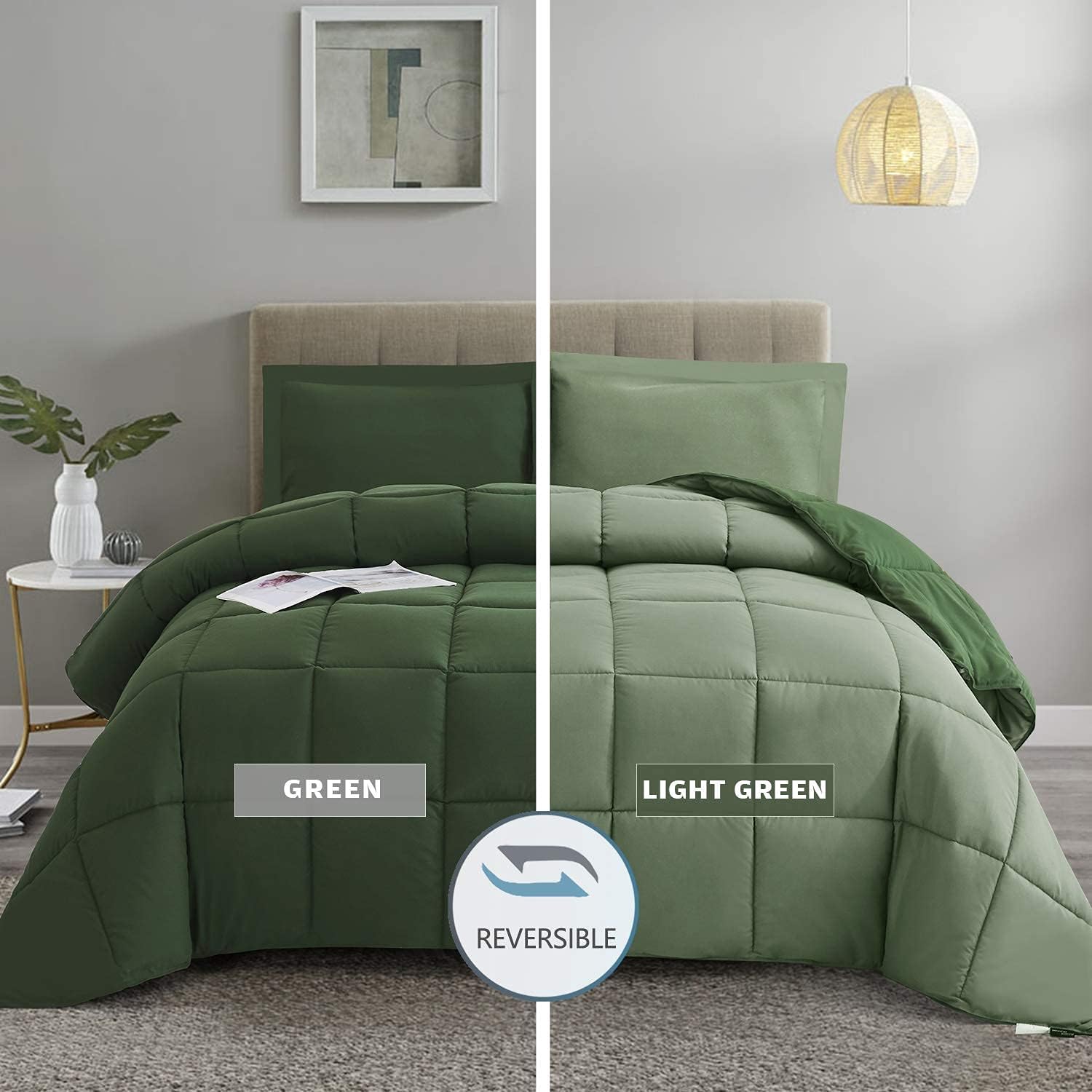 Thumbnail 1 de HIG 3pc Green Queen Comforter Set (All-Season Reversible Down Alternative) with Corner Tabs