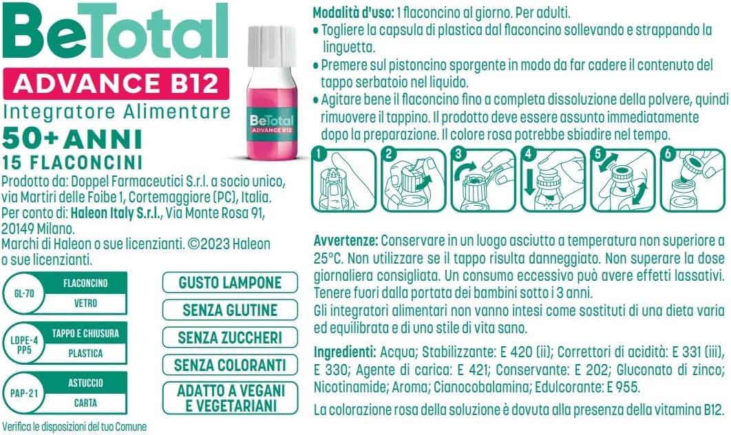 Thumbnail 5 de Be-Total Advance B12 Integratore Alimentare con Vitamina B12 – supporto per stanchezza dopo i 50 anni (3x15 flaconcini, gusto Lampone)