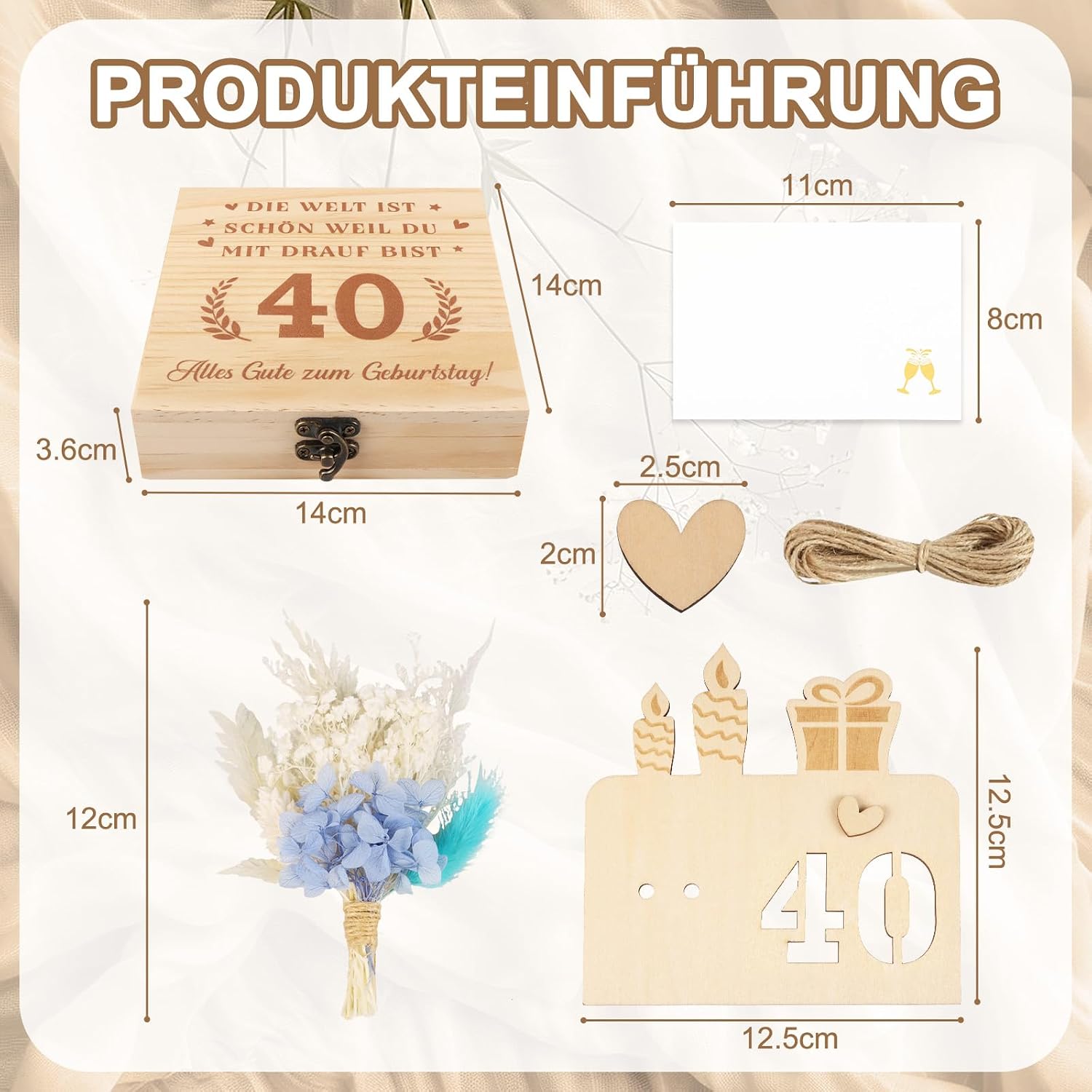 Thumbnail 6 de TUZELIYA 40. Geburtstag Frauen Geldgeschenk aus Holz mit Karte, Trockenblumen und Magnetverschluss
