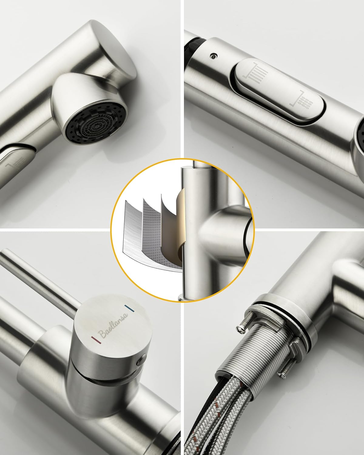 Thumbnail 4 de Robinet de cuisine Baollansa – Mitigeur extractible haute pression, acier inoxydable, pivot 360°