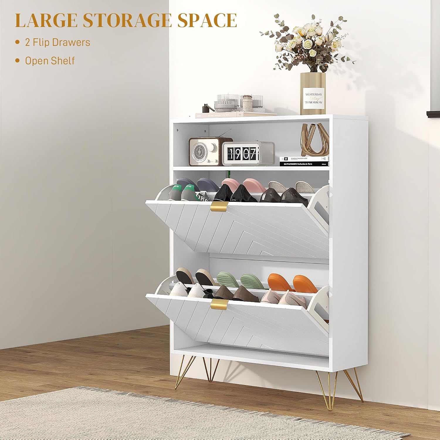 Detalle 2 de HOMCOM 837-445V81WT Narrow Shoe Cabinet, 2 Flip Drawers, Adjustable Shelves