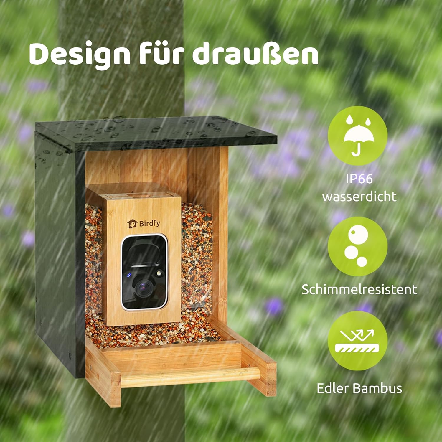 Detalle 2 de NETVUE Bambus Mini Vogelfutterhaus mit Kamera 1,9 L