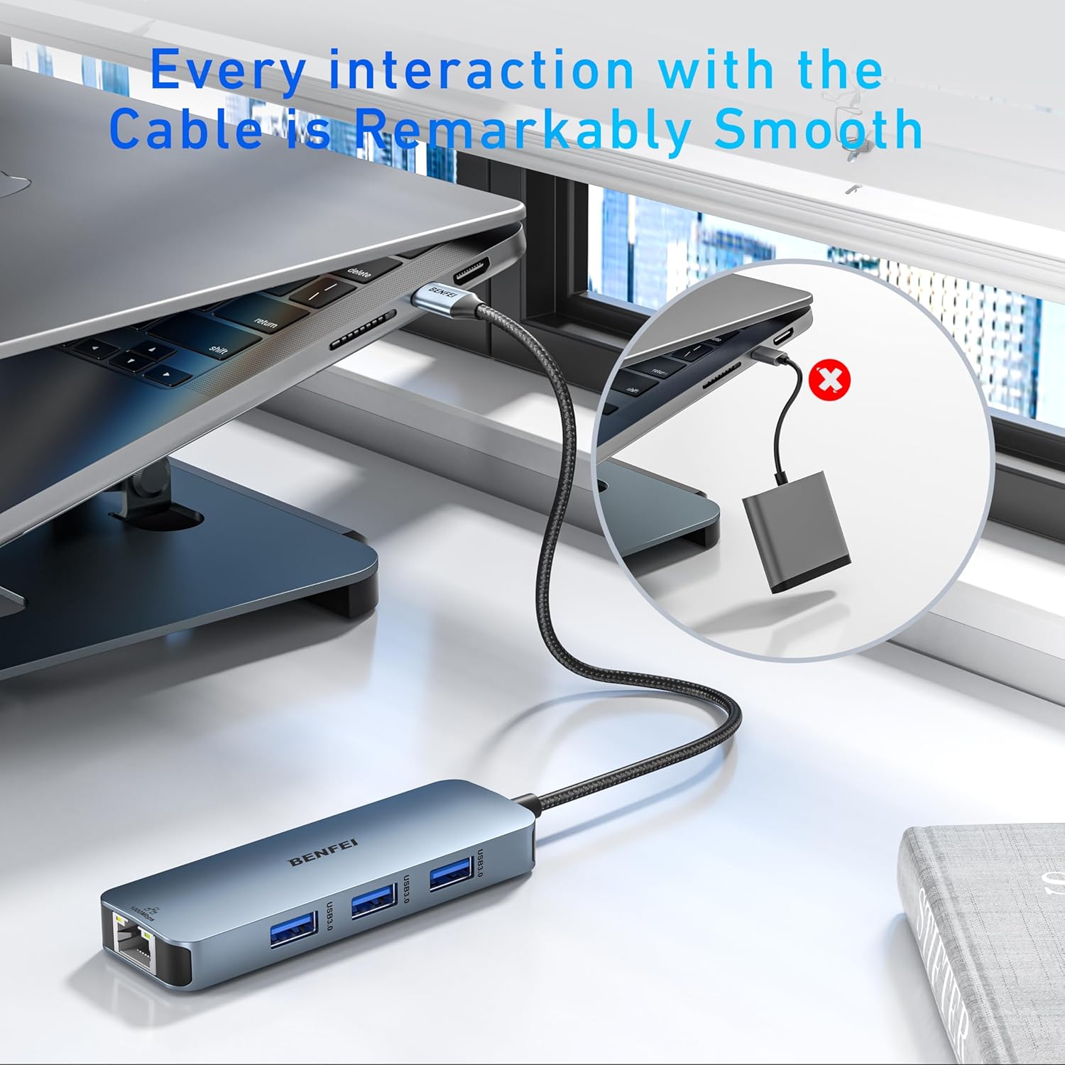 Detalle de BENFEI 6in1 USB‑C Hub mit HDMI (4K@60Hz), Gigabit Ethernet und 100W PD – 3× USB‑A (5 Gbps)