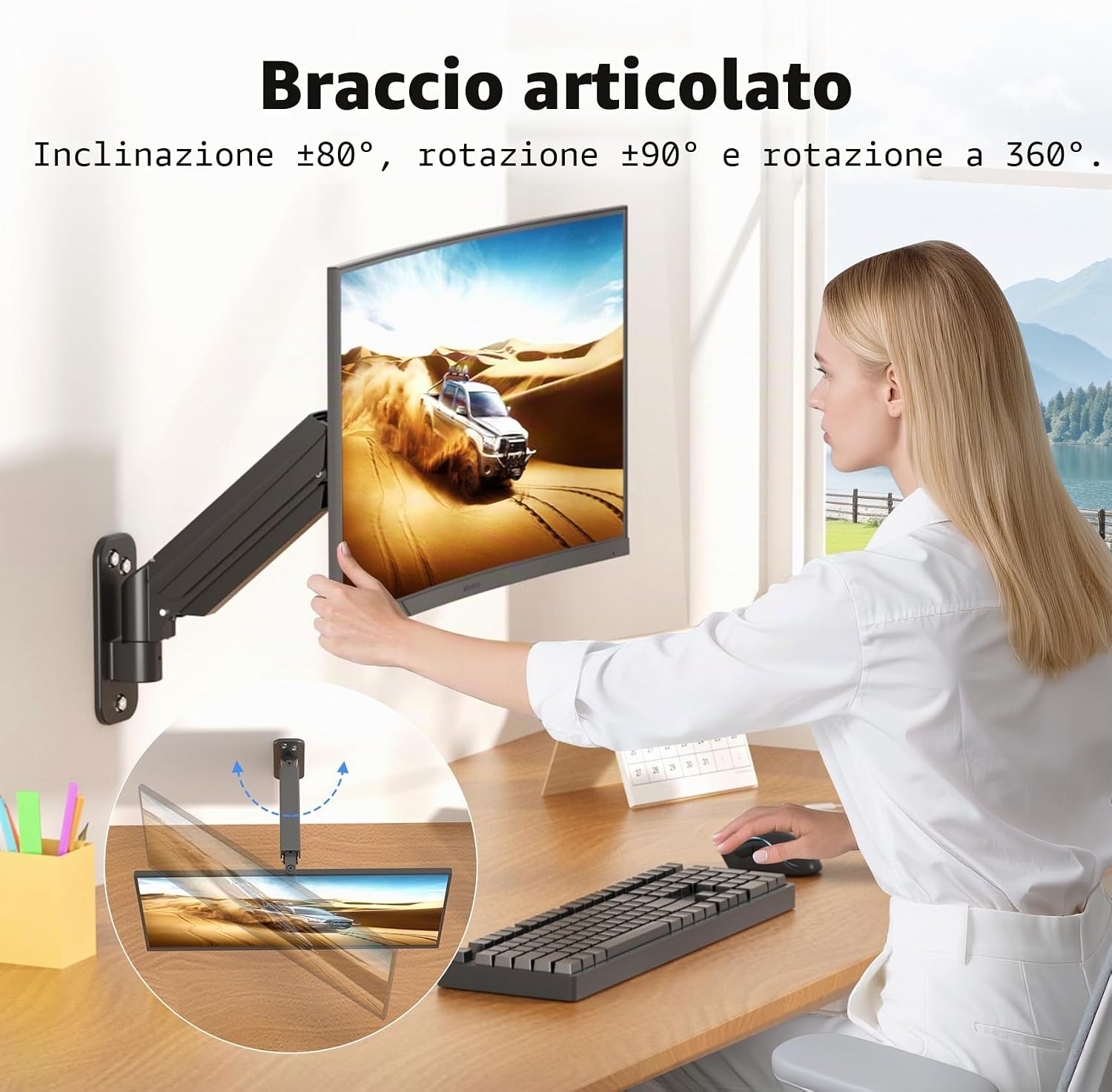 Detalle de Suptek Supporto da parete per monitor 13–32 pollici con molla a gas, inclinabile, ruotabile e regolabile in altezza
