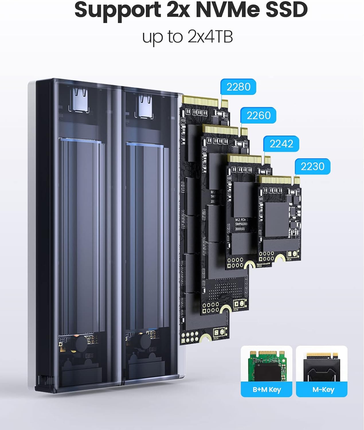 Detalle de ORICO Dual-Bay Boîtier M.2 NVMe USB3.2 Gen2 10 Gbps aluminium (BM2-2N) – pour SSD M-Key/B&M double baie