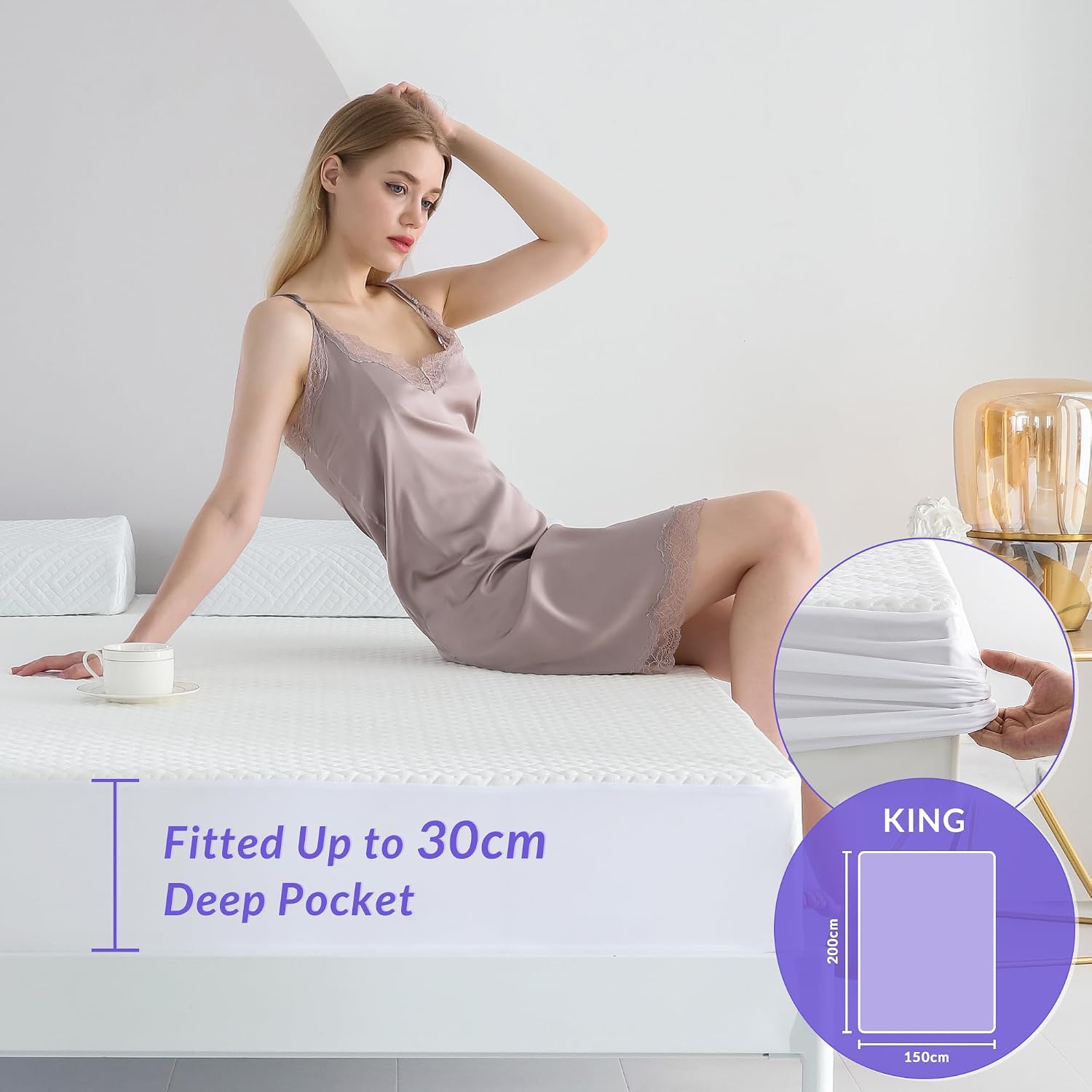 Detalle de Coriwell Waterproof Mattress Protector – King Bamboo Extra Deep Pocket, Breathable, 150 × 200 + 30 cm Deep Skirt