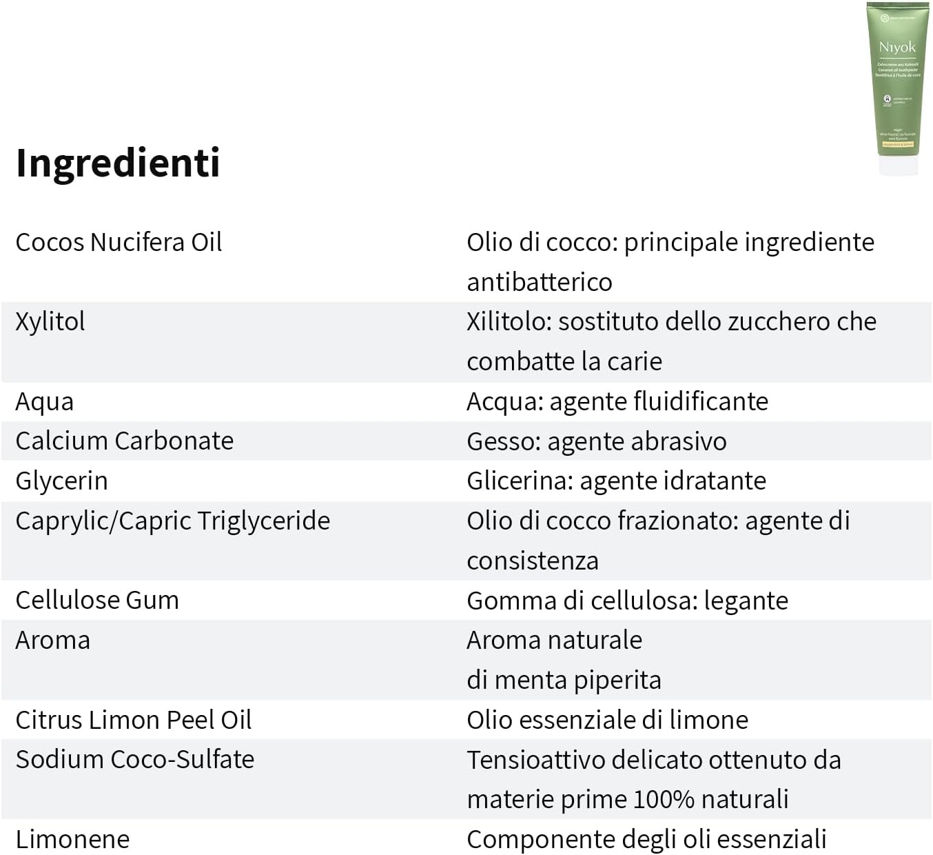 Detalle 2 de Niyok Dentifricio al Bio Olio di Cocco Menta Piperita e Limone (75 ml) – Pulizia delicata, zero fluoro