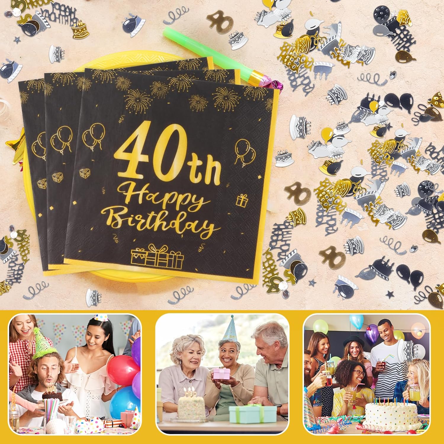 Thumbnail 2 de Yiran 60th Birthday Table Decorations Pack with 20 Black & Gold Napkins and Birthday Confetti