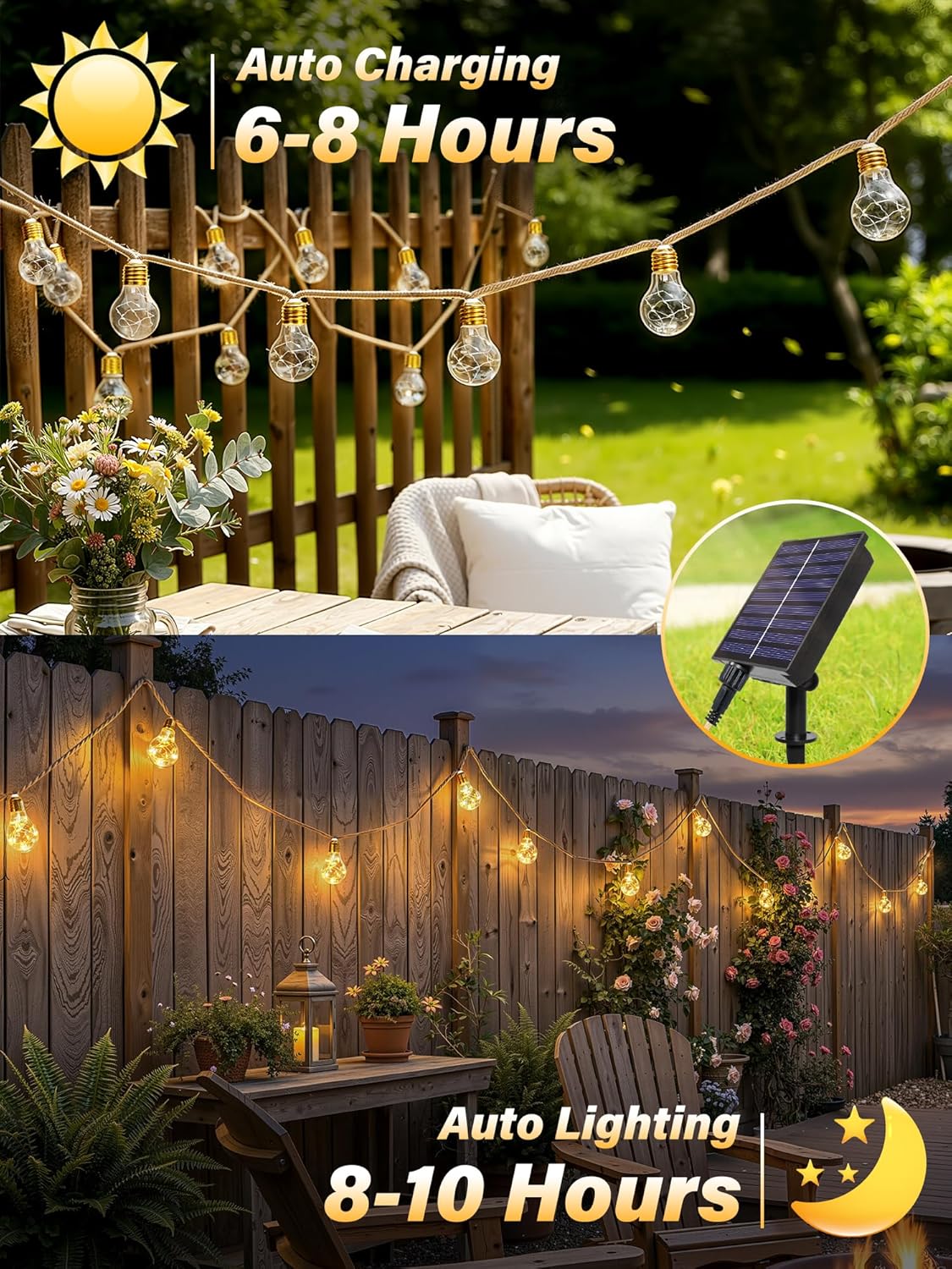 Thumbnail 2 de Ollny Solar Festoon Lights (12m) with Remote, Hemp Rope Effect & 24 Shatterproof Bulbs