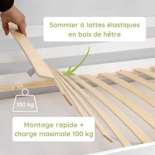 Detalle de Kids Collective Lit superposé 90x200 / 120x200 pour enfant et ado avec échelle, barrières et sommiers à lattes – Finition Naturelle