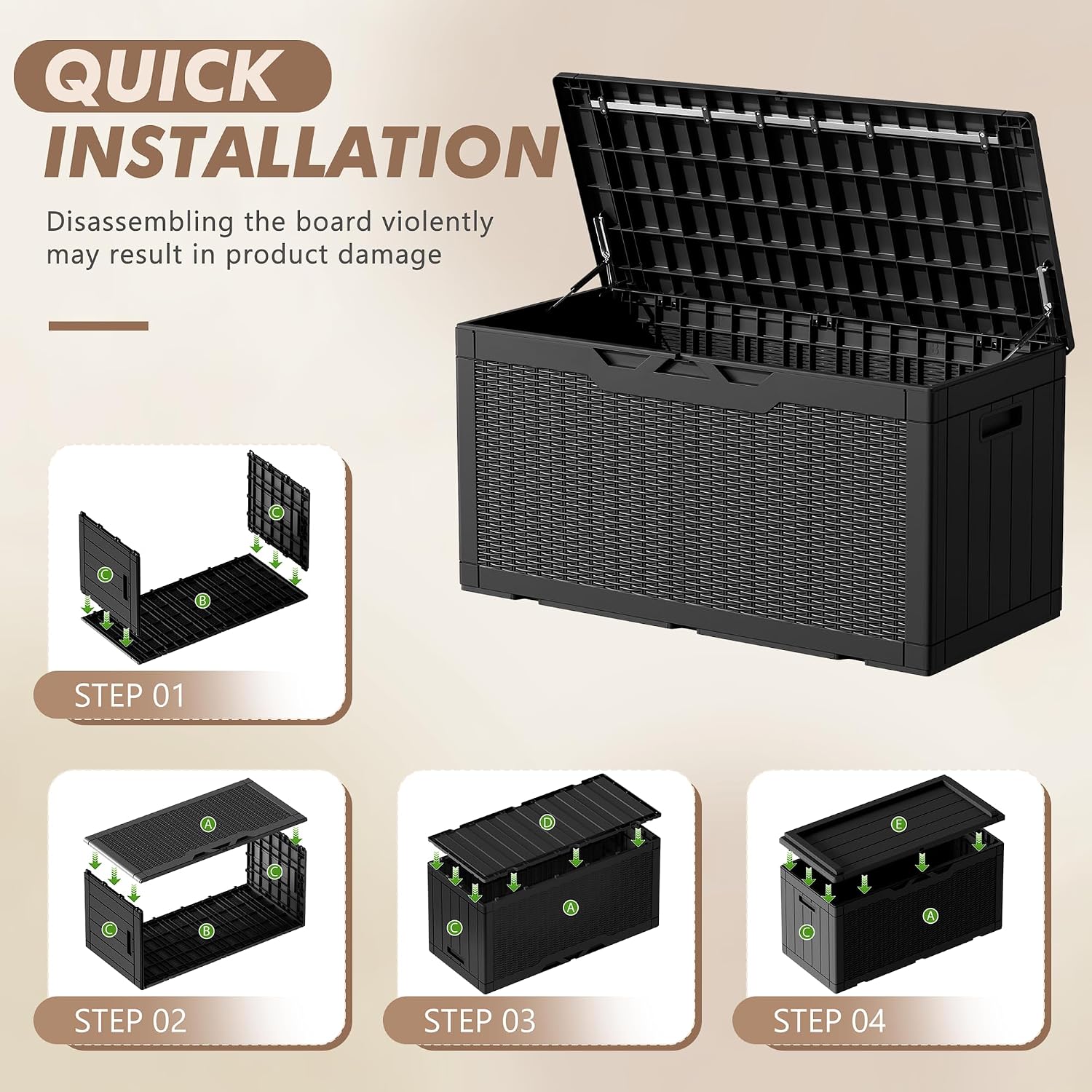Detalle 2 de Devoko Model 1 100-Gallon Resin Deck Box with Cushion, Waterproof and Lockable
