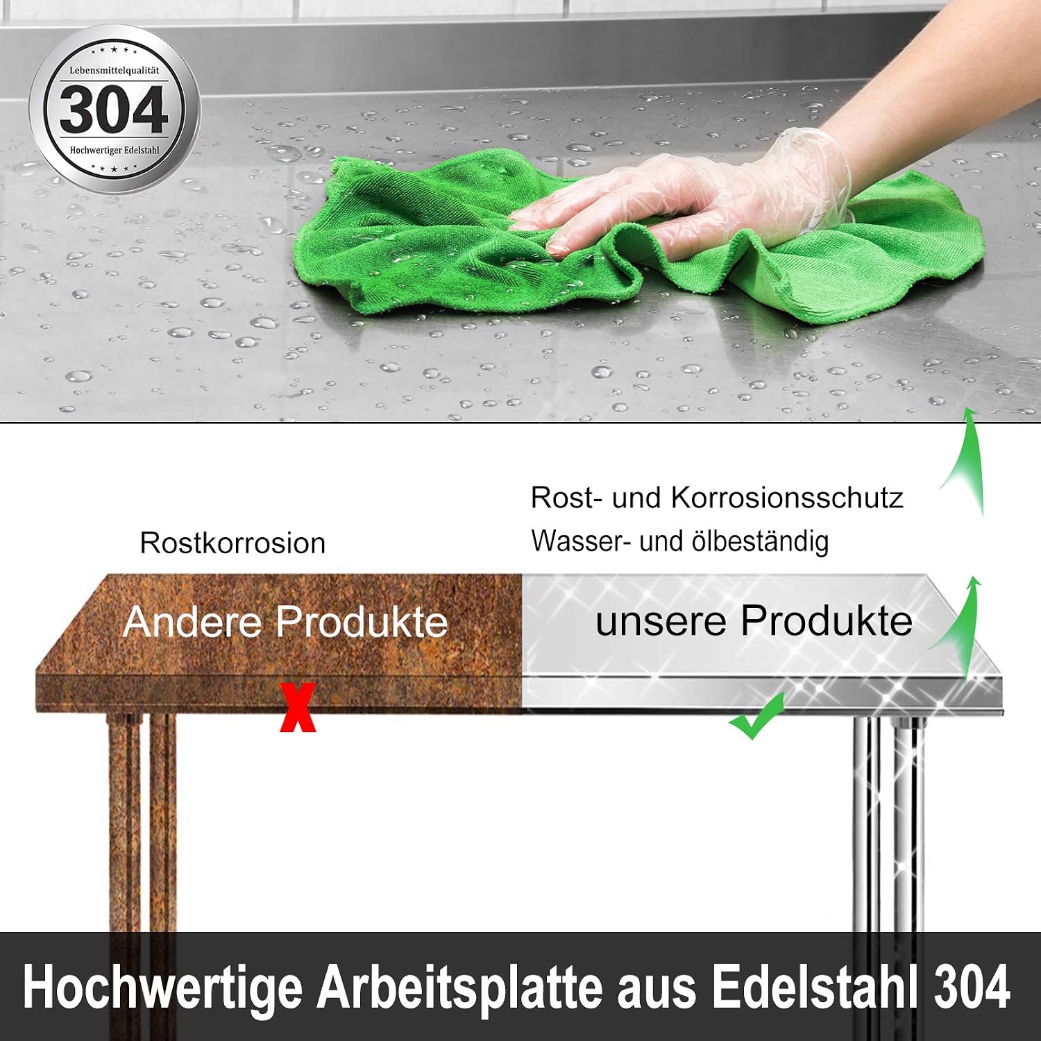 Detalle 2 de UISEBRT Tavolo da lavoro in acciaio inox 100 x 60 x 85 cm con bordo e gambe regolabili