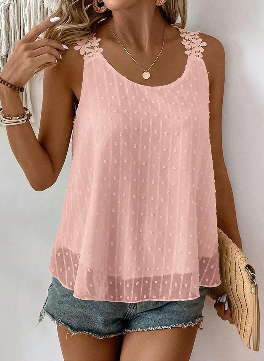 Thumbnail 3 de Womens Swiss Dot Lace-strap Boho Tank Top (Flowy Sleeveless Summer Cami)