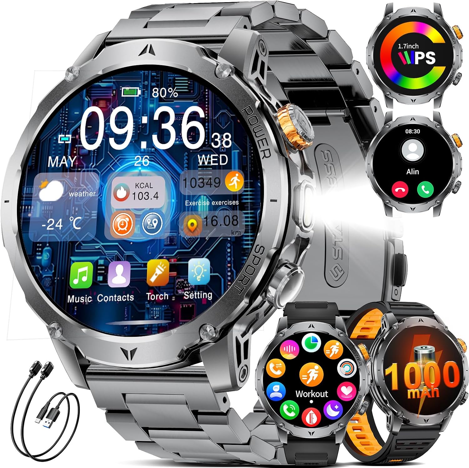 Detalle de LIGE Smartwatch Uomo EF24 con batteria da 1000mAh, display 1,7" e chiamate Bluetooth