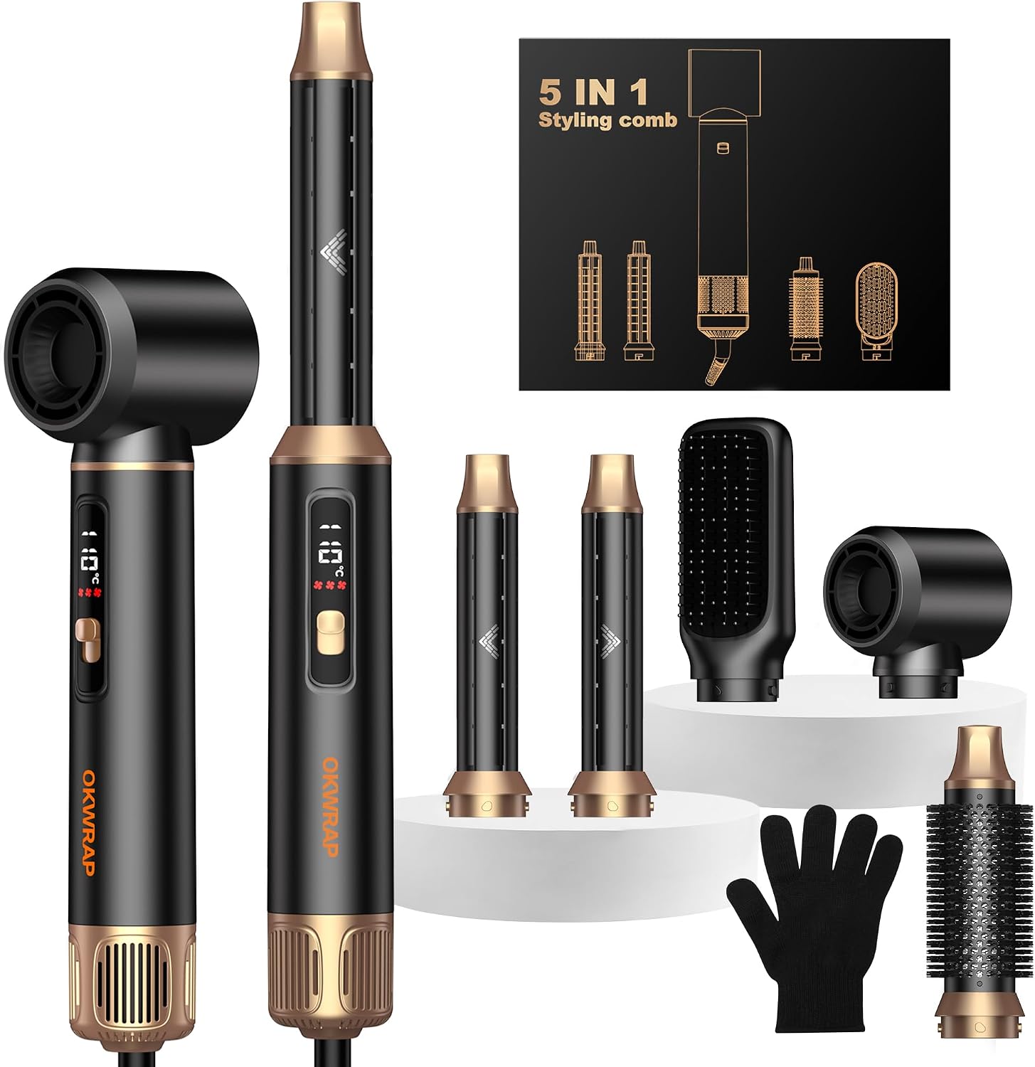 Detalle de OKWRAP Hair Styler Set 5 in 1 – LCD Haartrockner, Glättbürste, Thermal Brush und mehr