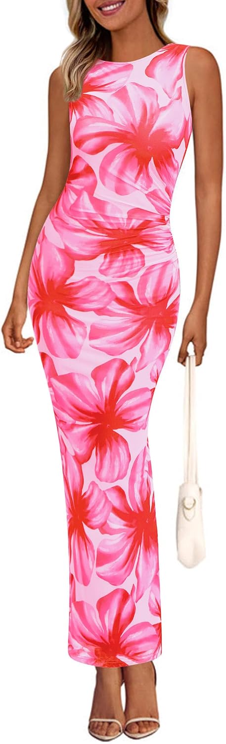 Detalle de PRETTYGARDEN Women's Floral Mesh Maxi Dress, Sleeveless Ruched Bodycon Fit