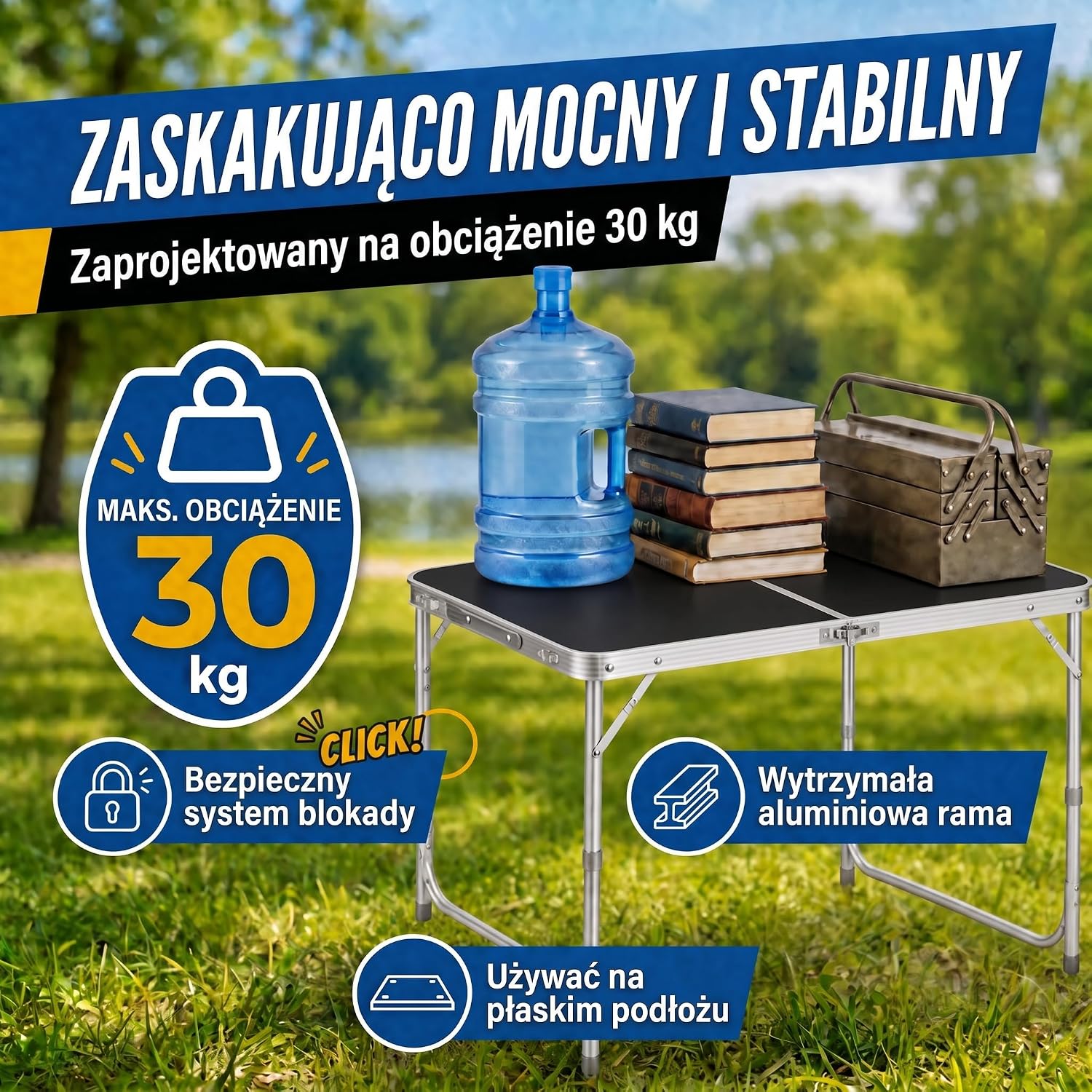 Detalle de GOODS+GADGETS 3541824 – składany stół aluminiowy 120 × 60 cm, 3 wysokości